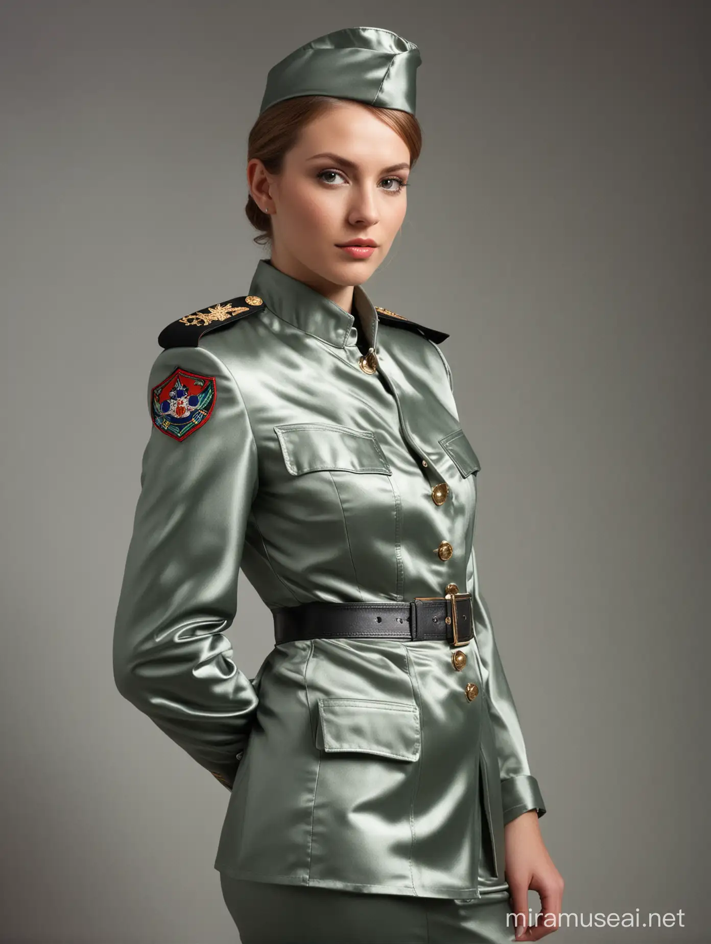 Elegant Woman in Shiny Satin Military Uniform