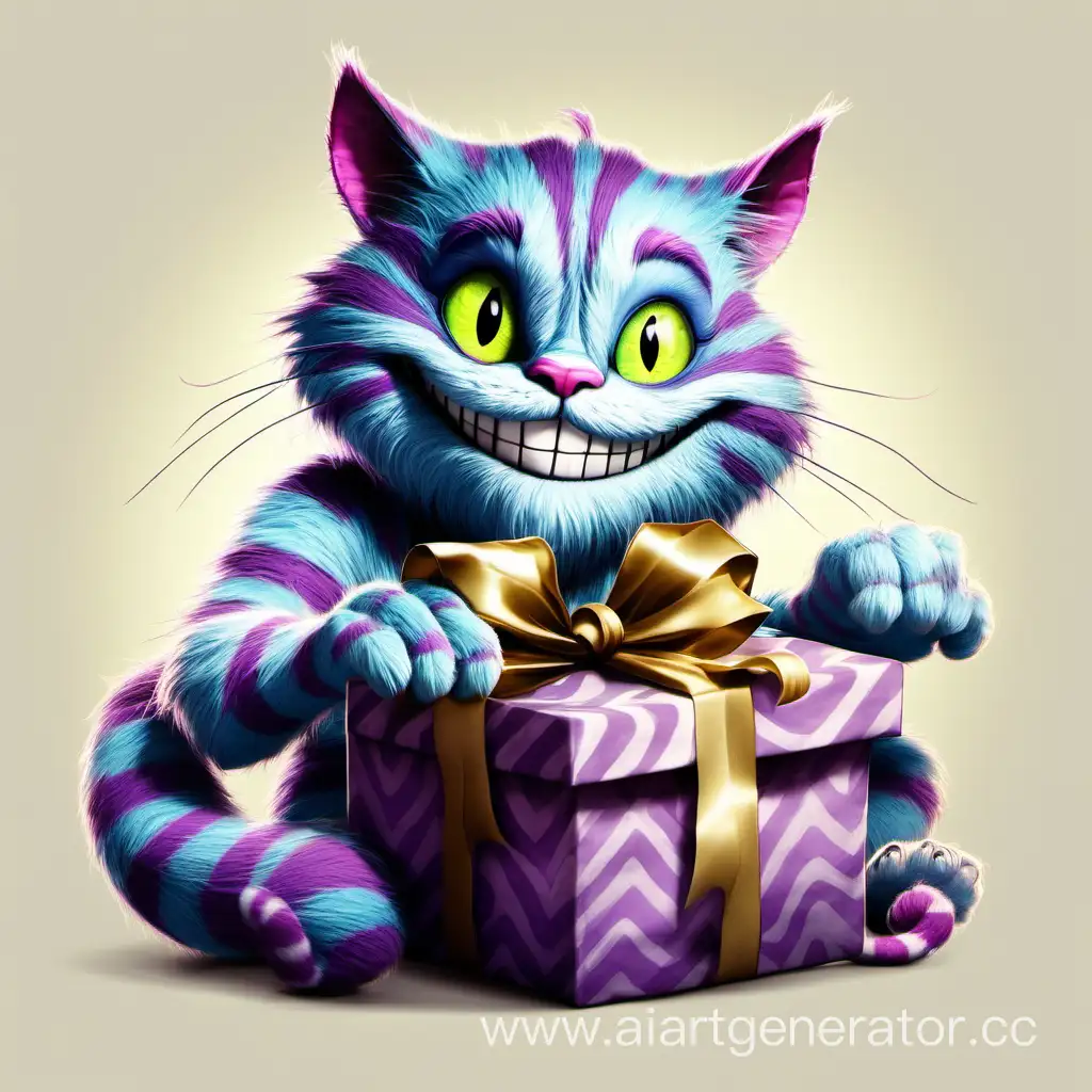 The Cheshire cat holds a box with a gift