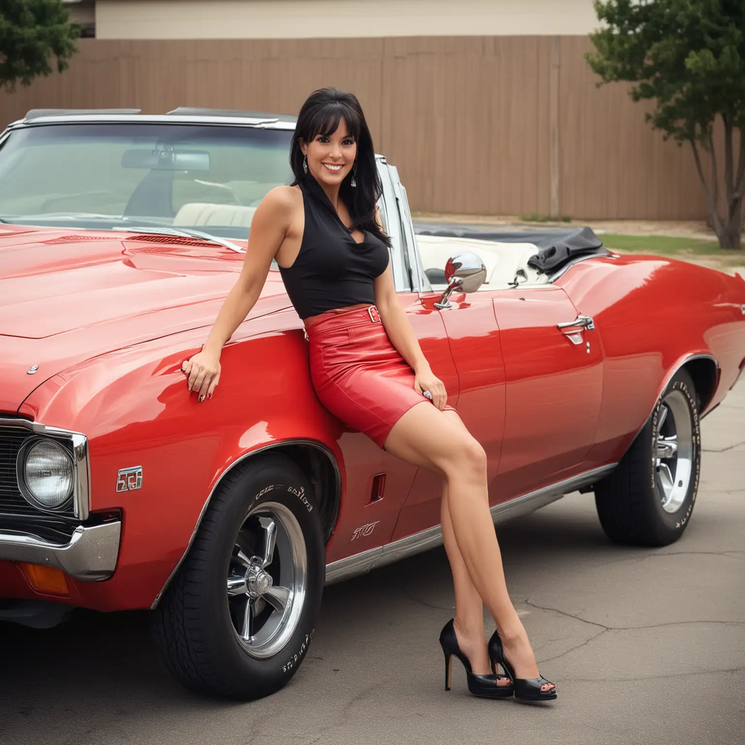 Smiling-Woman-in-Red-Leather-Skirt-Sitting-on-1969-Pontiac-GTO