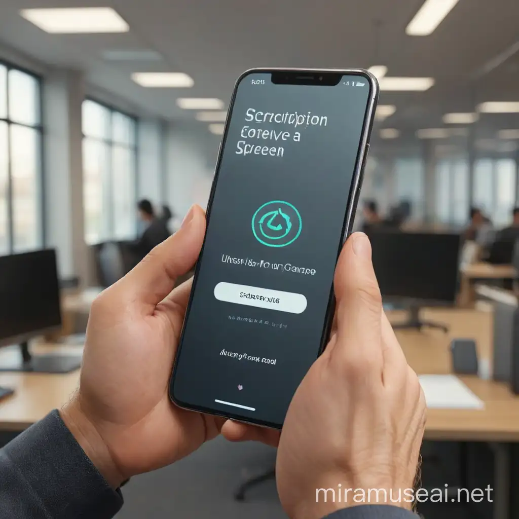 A 3d image capturing the mobile screen in focus, seen from the back angle of a man holding the mobile in his hands inside office, cancel subcription written on mobile screen