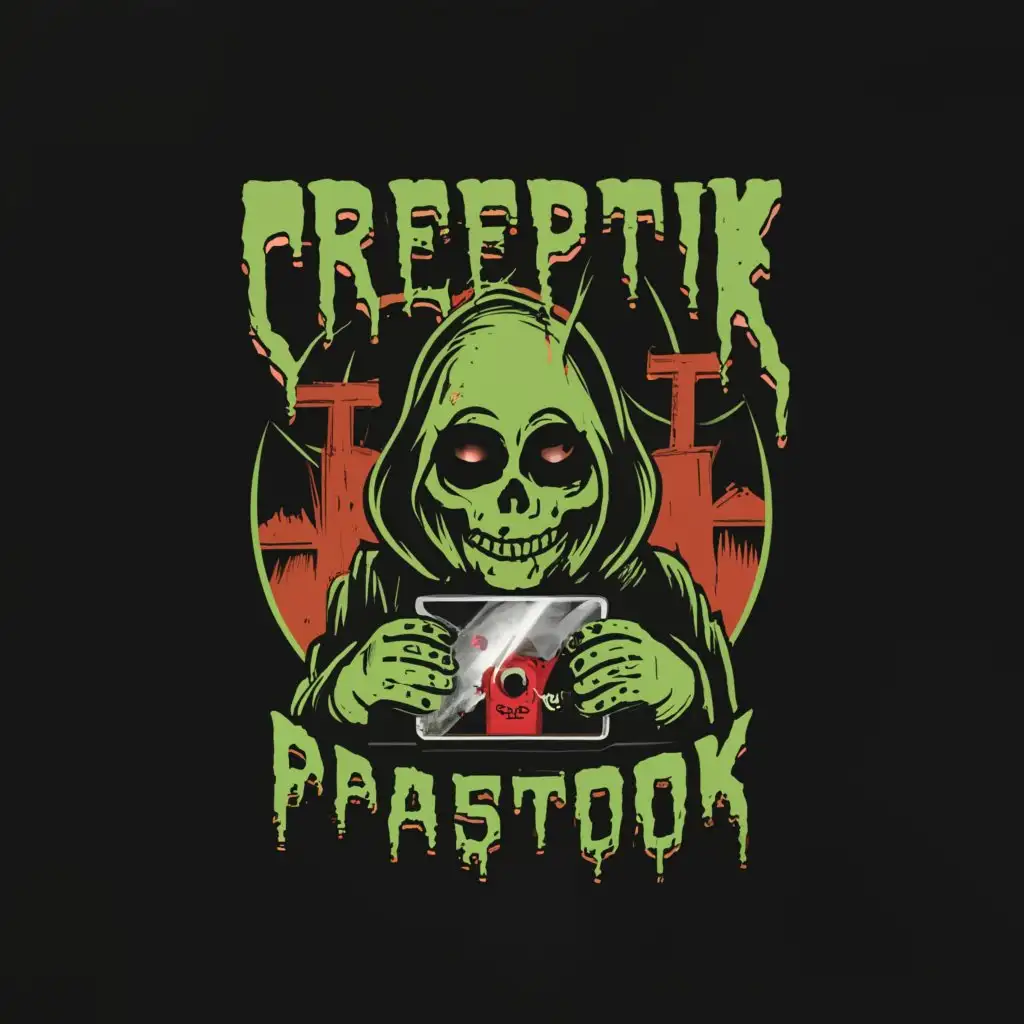 a logo design,with the text "Creeptik Pastok", main symbol:sad headskull vhs in scary night,complex,be used in Entertainment industry,clear background