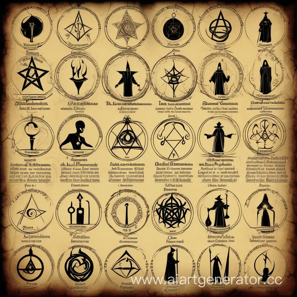 символы десяти ковенов магии: высших магов, библиотекарей, демонологов, клириков, друидов, некромантов, анималистов, алхимиков, кузнецов и оракулов.