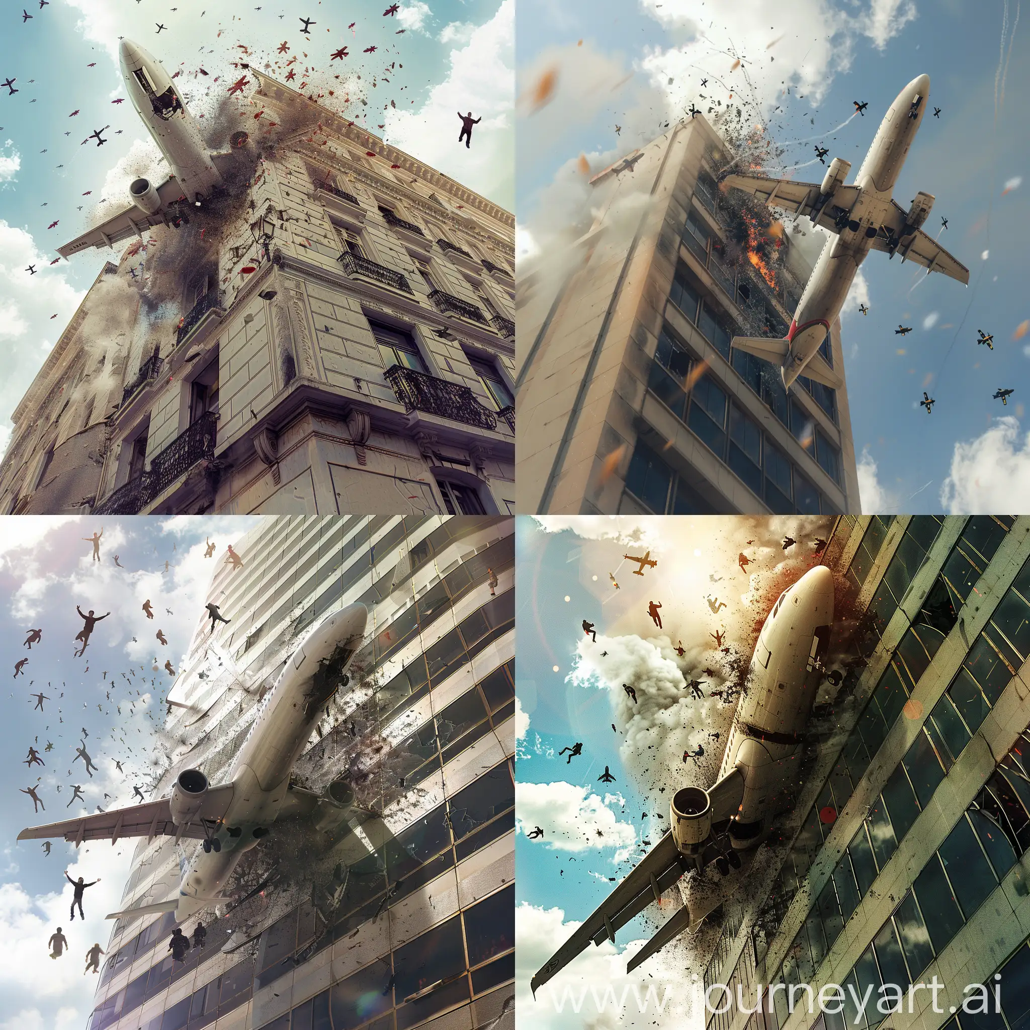 avião caindo no edificio e pessoas voando