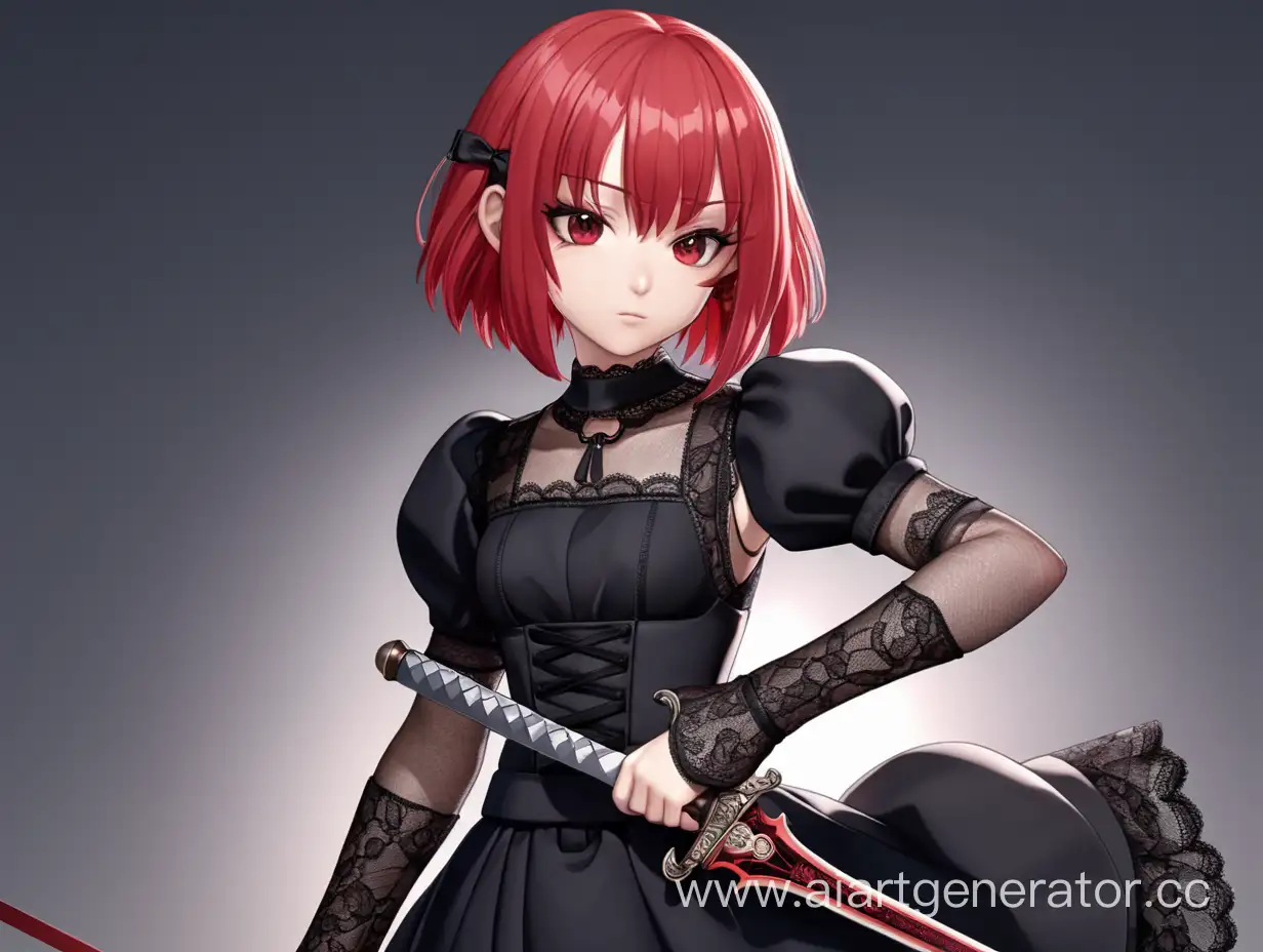 Аниме девушка с красным каре, черным круживным платьем и большим мечем в руке