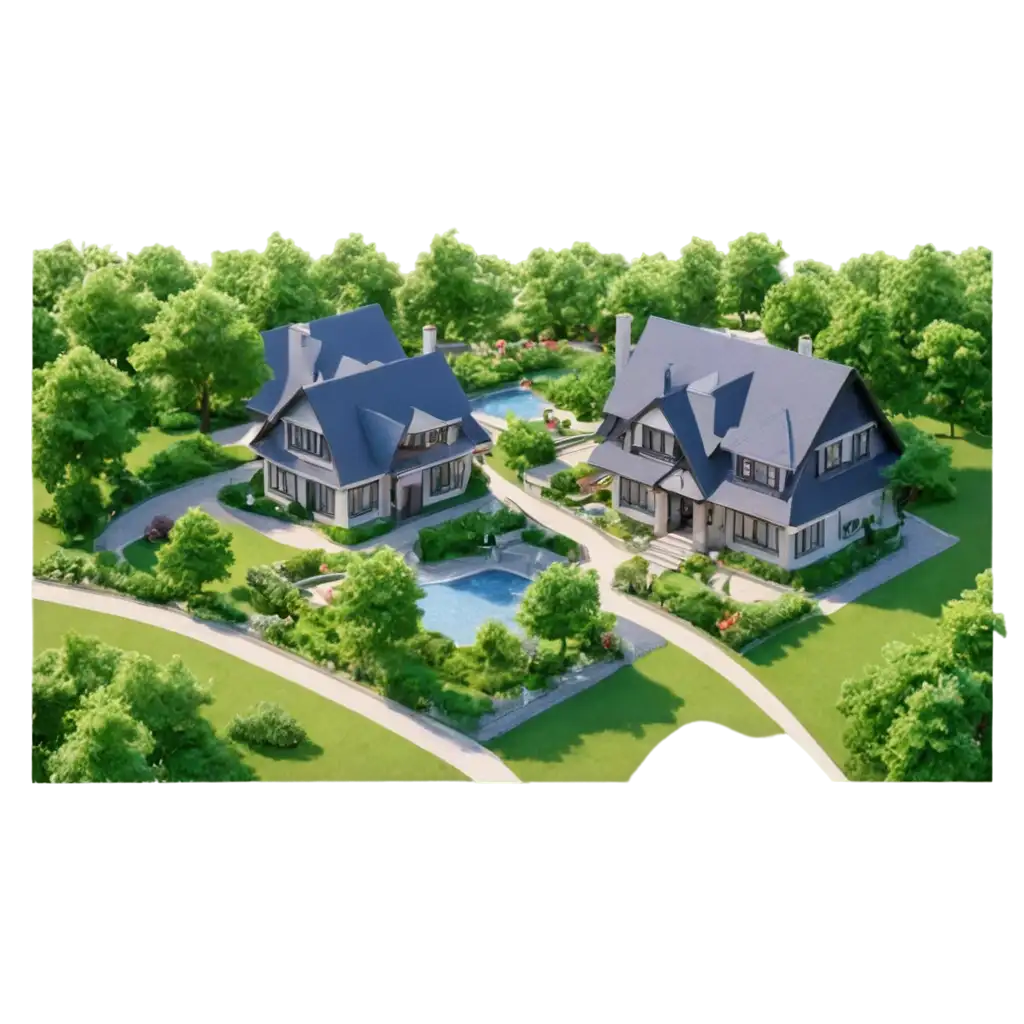 the master plan of a beautiful cottage village with a landscaped garden, fashionable beauty, (evening illumination)
