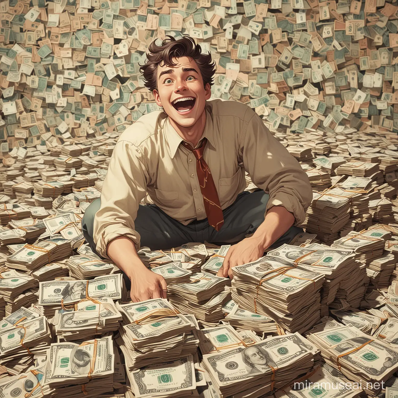 a man is on top of a pile on money. He is laughing. vintage anime.