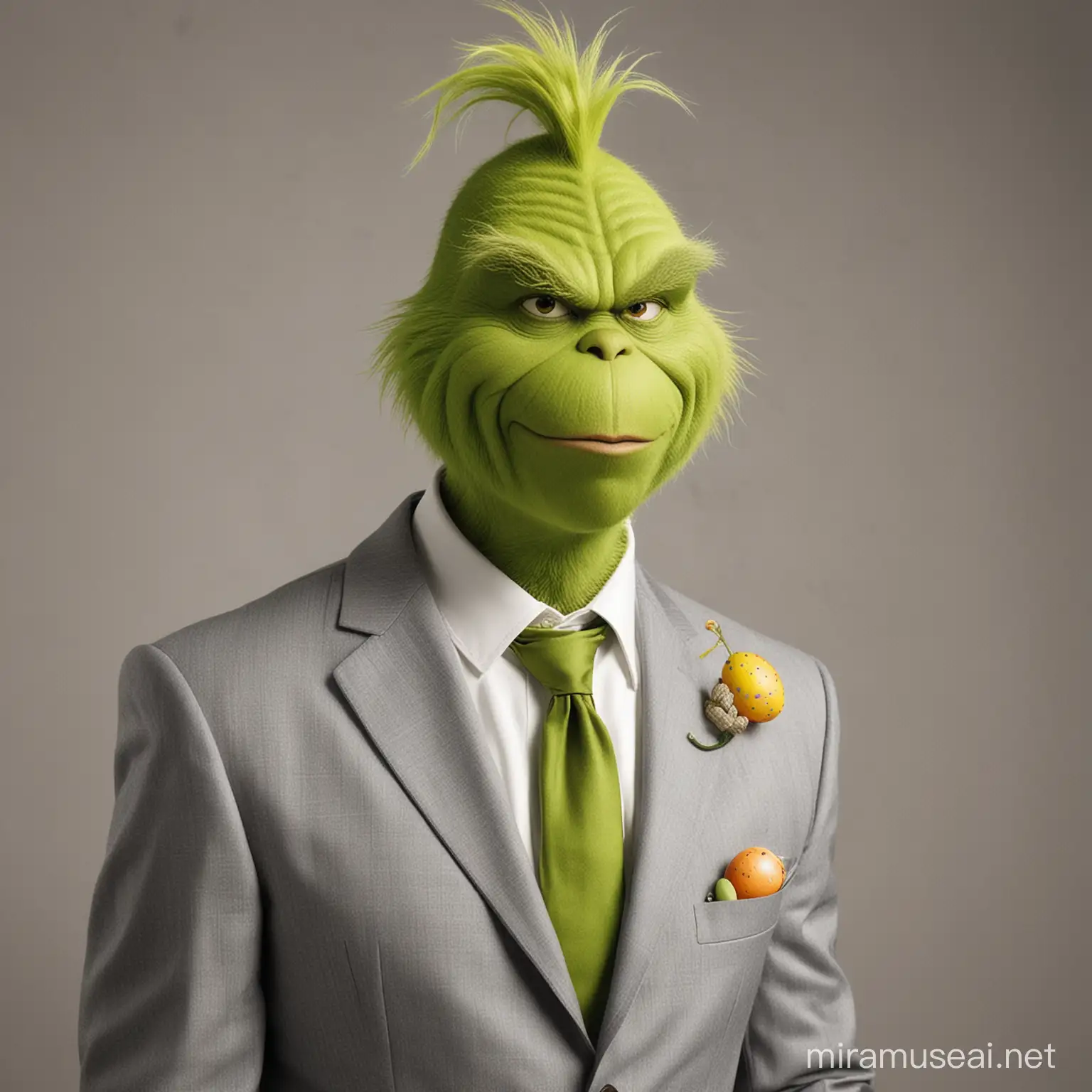 The grinch in a suit celebrating Easter