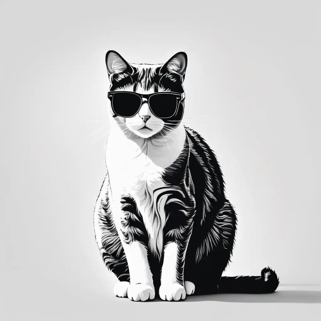 black and white line cat facing forward with sunglasses