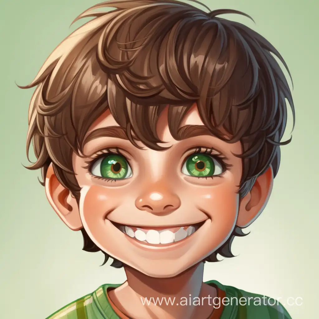 мальчик 7 лет короткие коричневые волосы зеленые глаза улыбается 