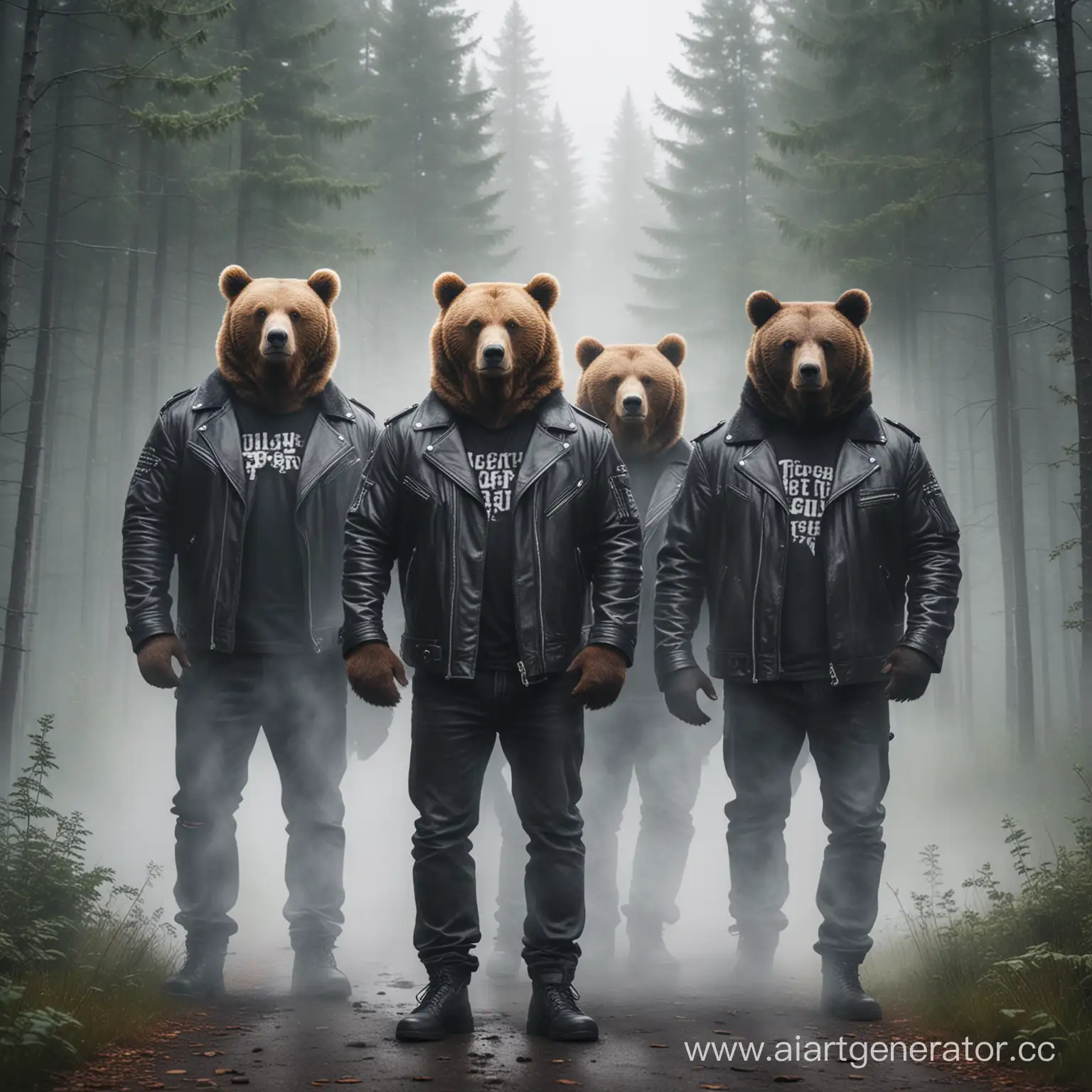Крутой медведь мафия, в кожаной куртке, на фоне леса и тумана