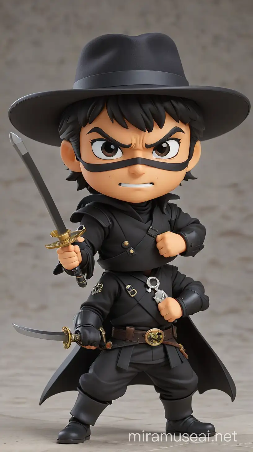 create a chibi Nendoroid version of the classic Mexican character Zorro, with his typical outfit, mask and black hat wielding his fencing sword