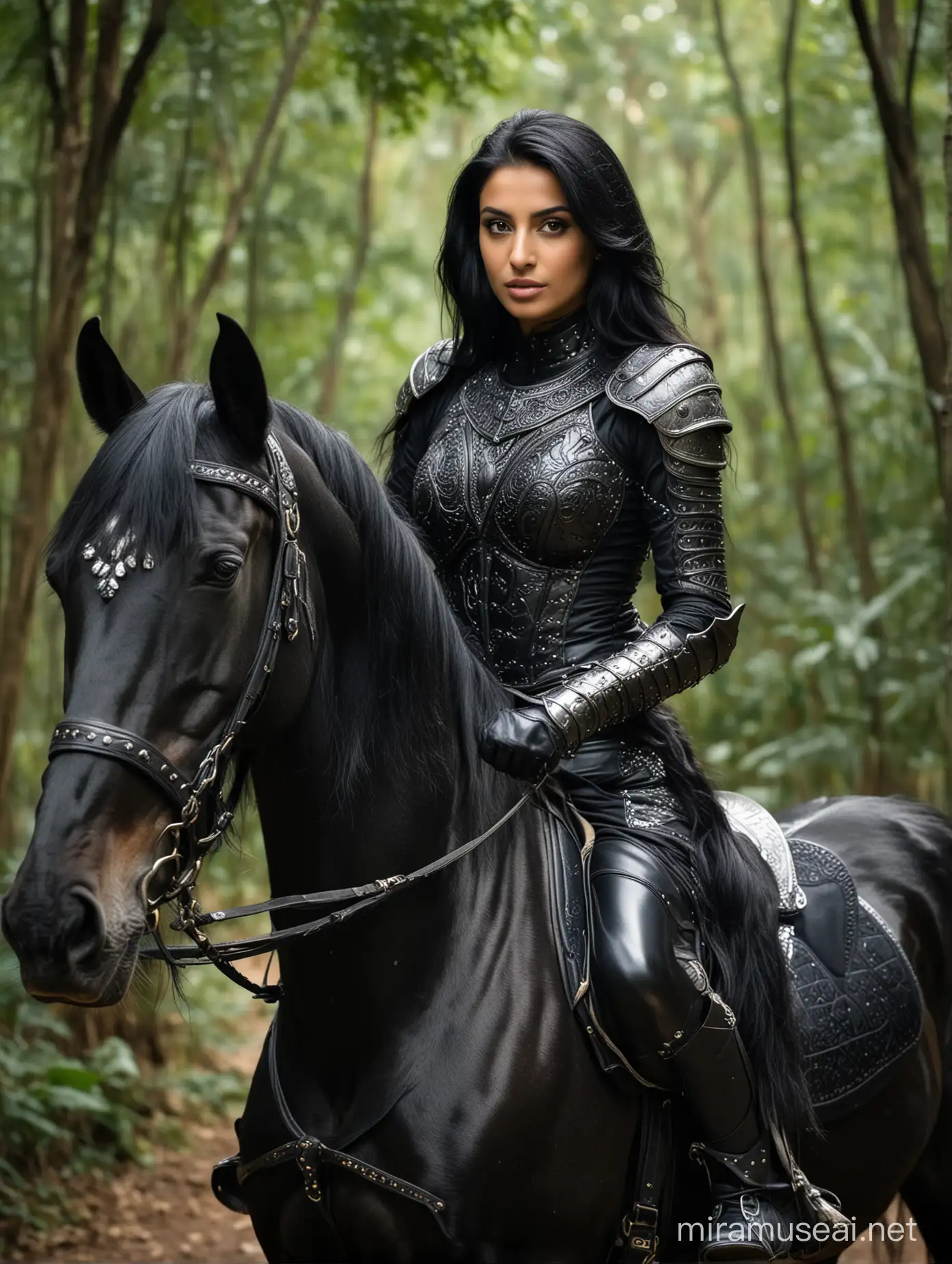 beautiful Arab woman dressed in black knight armor, in an Indian rainforest, she is about 21 years old, long black hair, beautiful nose, attractive cheek bones, arched eyebrows, she is riding a black horse