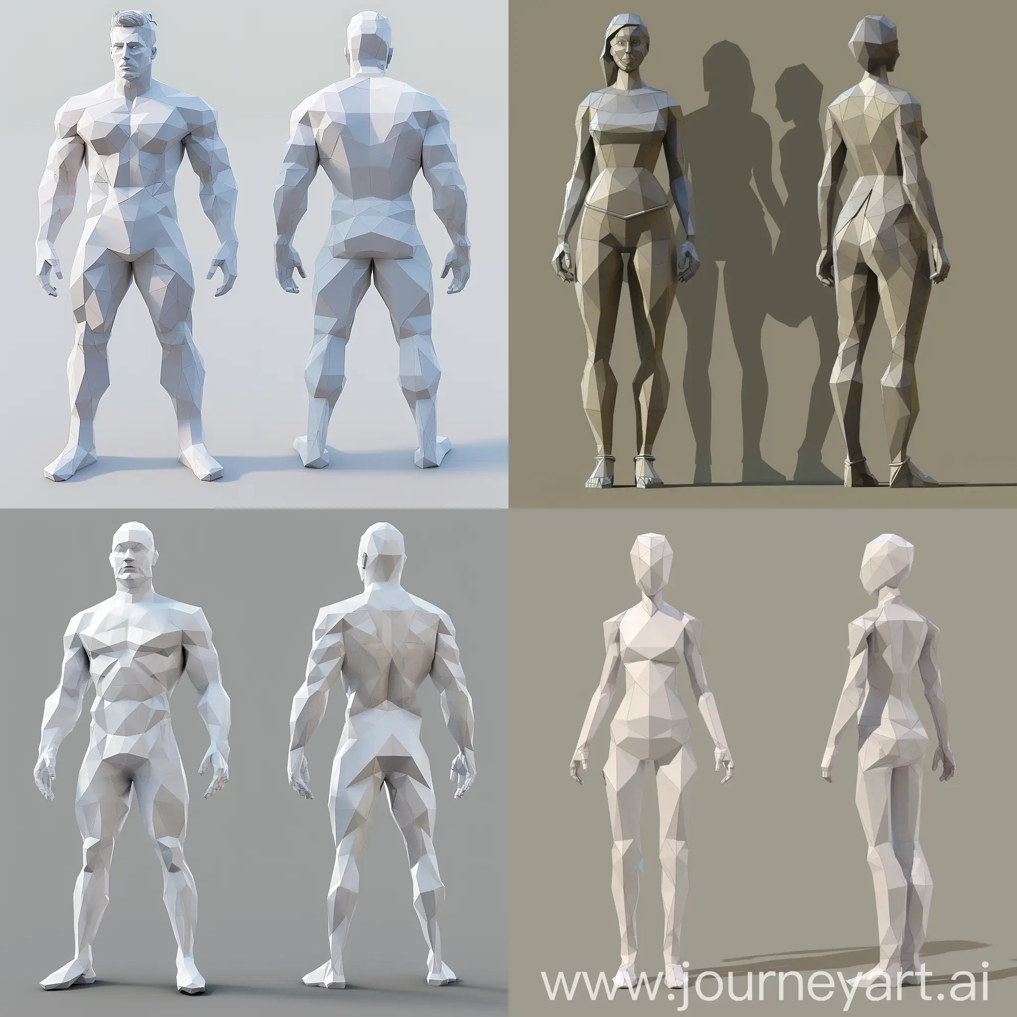 low poly (must maximum 500 tris) character blender reference front and side full body. Please note that the front side and exactly the right side (I want to use a mirror in the centre) both sides have equal image sizes and are one image with polylines, no light effect no colour, and no shadow.