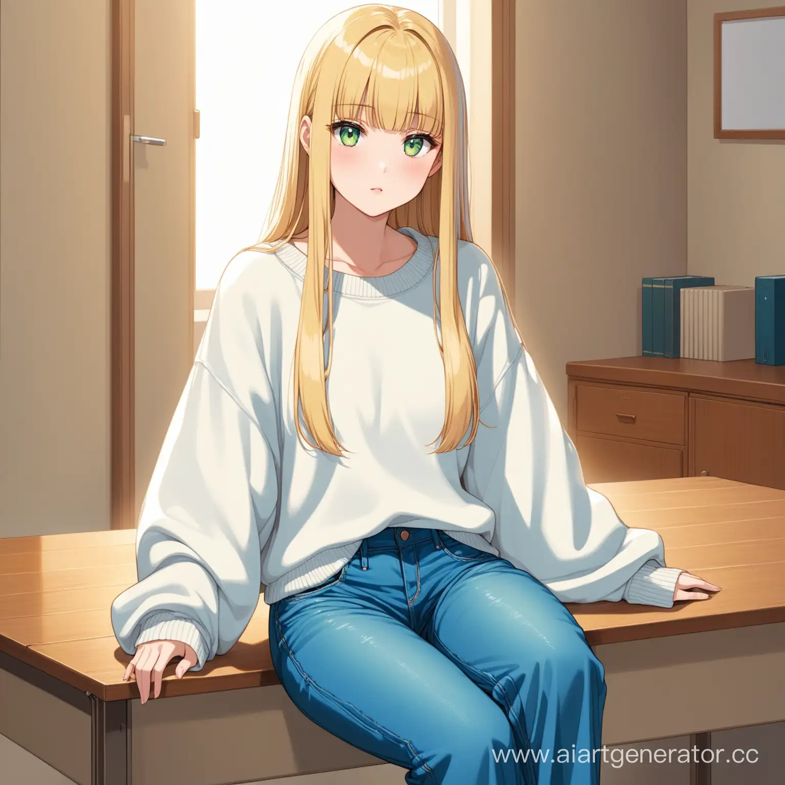 Low girl, big green eyes, long blonde straight hair with straight bangs, dressed in blue wide-leg jeans and a white oversize sweater, she is sitting in a room at a table