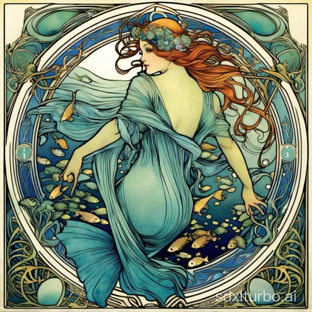 mucha’s style，pure color and blve，colorful;pisces;tarot card form；fushtail
