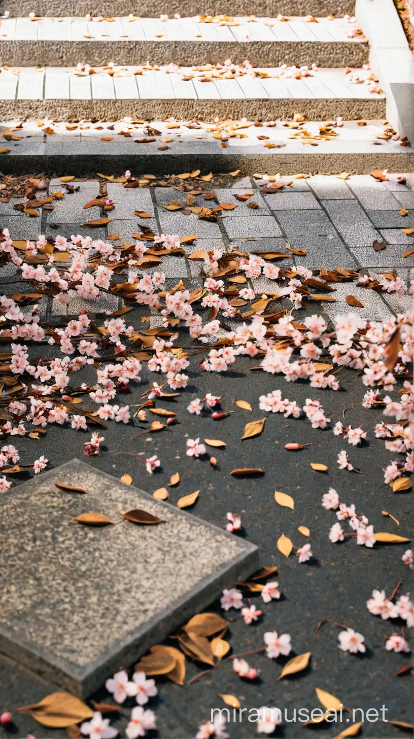 Fallen Sakura Blossoms and Dried Leaves on a Concrete Staircase