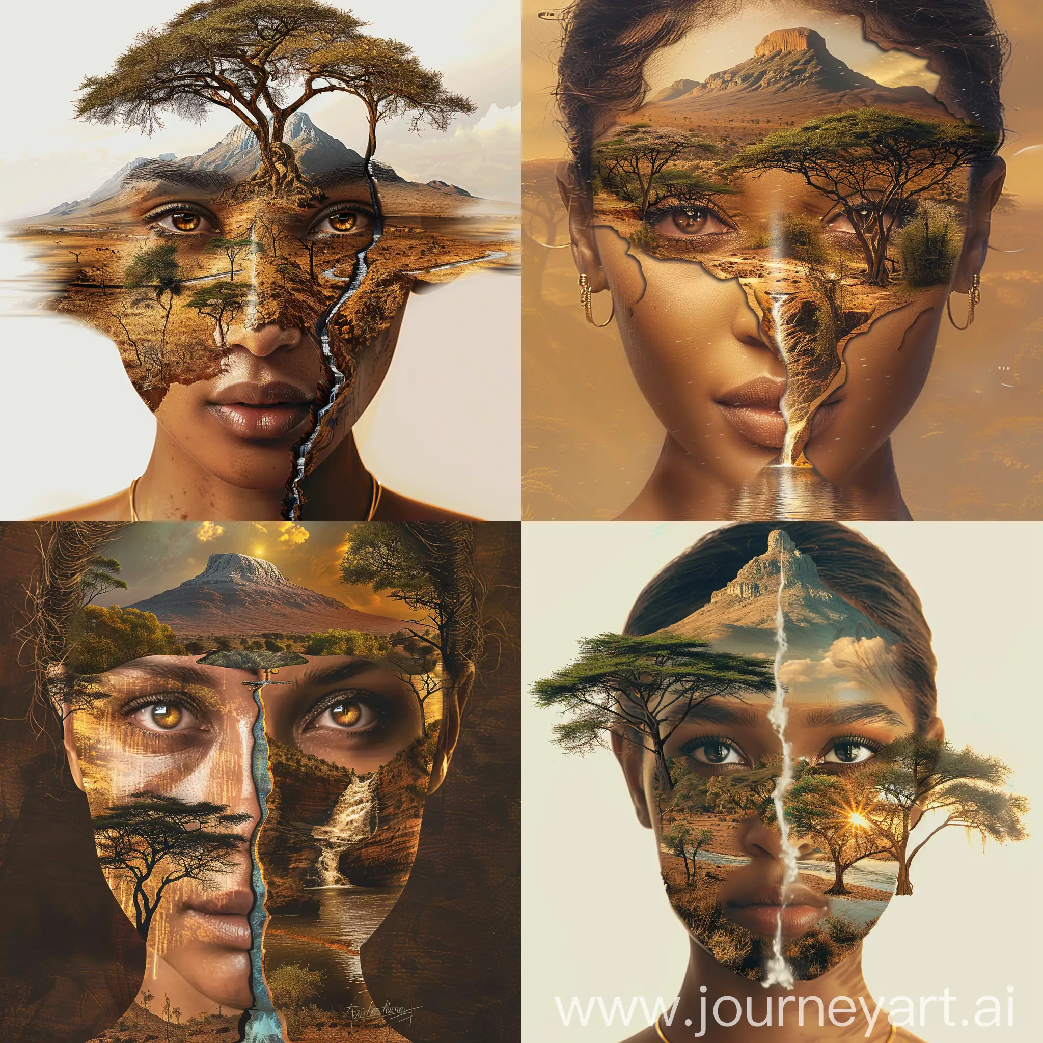 Original prompt: Generate a highly detailed digital painting of a powerful portrait of a woman. Her face should merge seamlessly with a stunning African savannah landscape. The woman's forehead and eyes should transition into a mountain peak, with a river flowing from the mountain across her cheek, turning into a serene river below. Trees native to the savannah should be reflected on her skin, giving the illusion that they are part of her face. The color scheme should be warm, dominated by earthy tones that reflect the savannah, with a realistic and slightly surreal touch. Her gaze should be direct and captivating, with striking eyes that resemble the sun's reflection on water. She should be adorned with simple but elegant gold jewelry, complementing the natural tones of the scenery