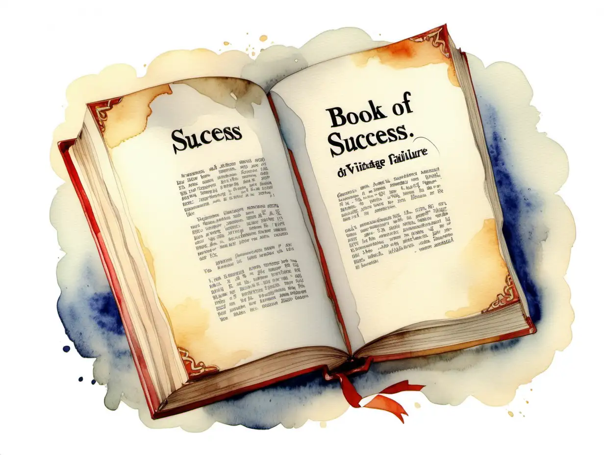 watercolour vintage page The cover of the vintage book reads 'BOOK OF SUCCESS,' chapter 1 FAILURE
white background 