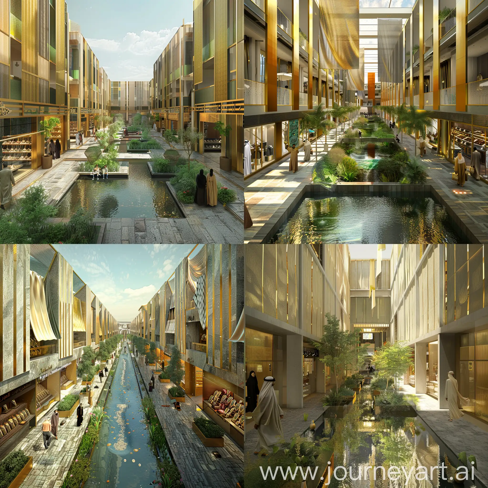 landscape urban design inner court of jewelry shops facades with water feature and some greens and pedestrian paths with gold strips and silver strips with fabric  shades with Hijazi Arabian style with interactive people