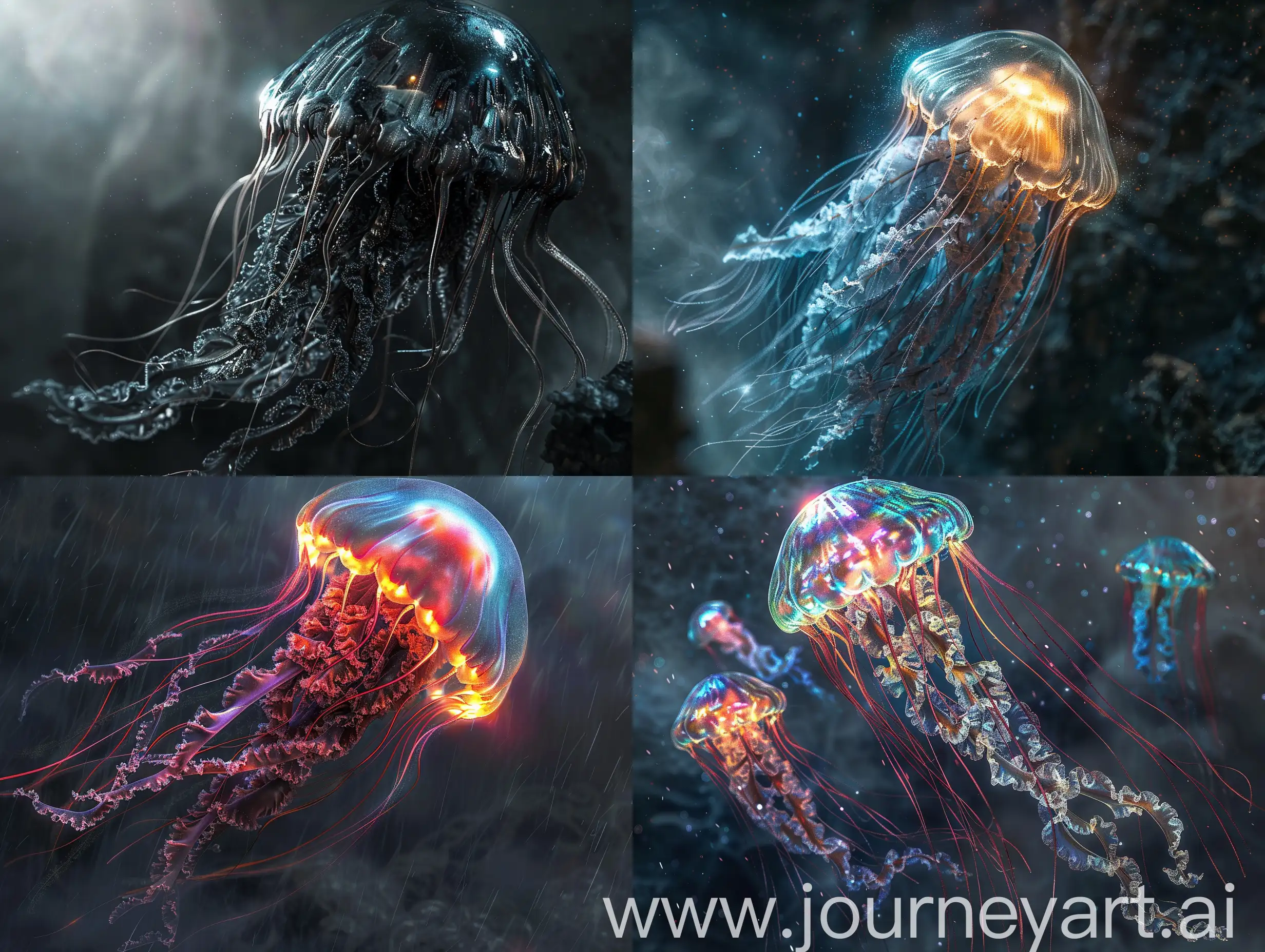 Gargon jellyfish Style of Titian Light Halation Ominouscore Blended with Weathercore Dark Background Metallic Sheen Mystical Realms Intricate Surface Detail Embossed Bryce ar stylize style raw