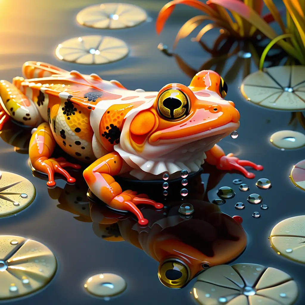   frog, koi fish, a shrimp, in a pond, dew drops, sunset