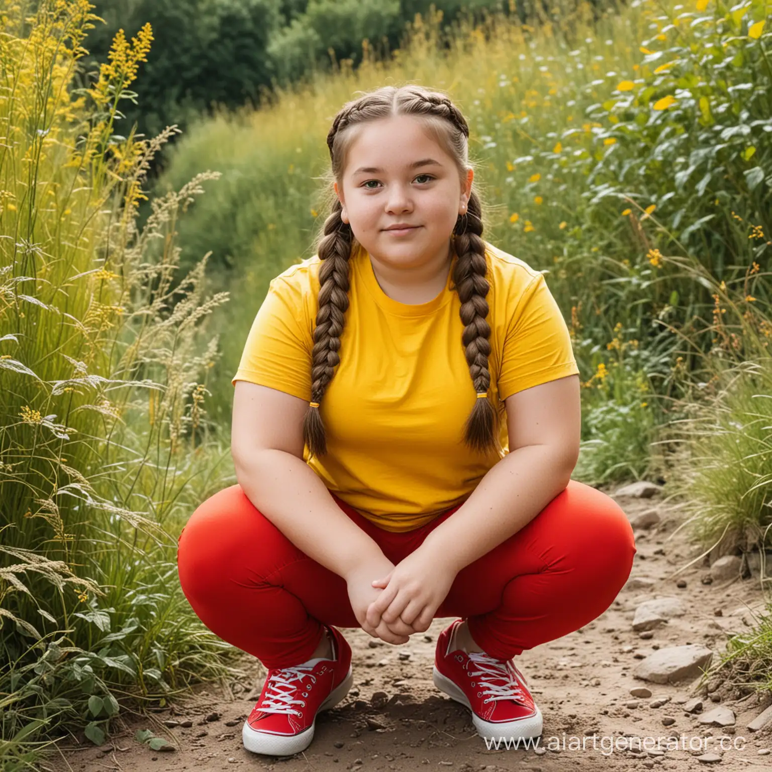 Adorable-Girl-with-Braids-Enjoying-Nature-in-Yellow-Tshirt-and-Red-Leggings