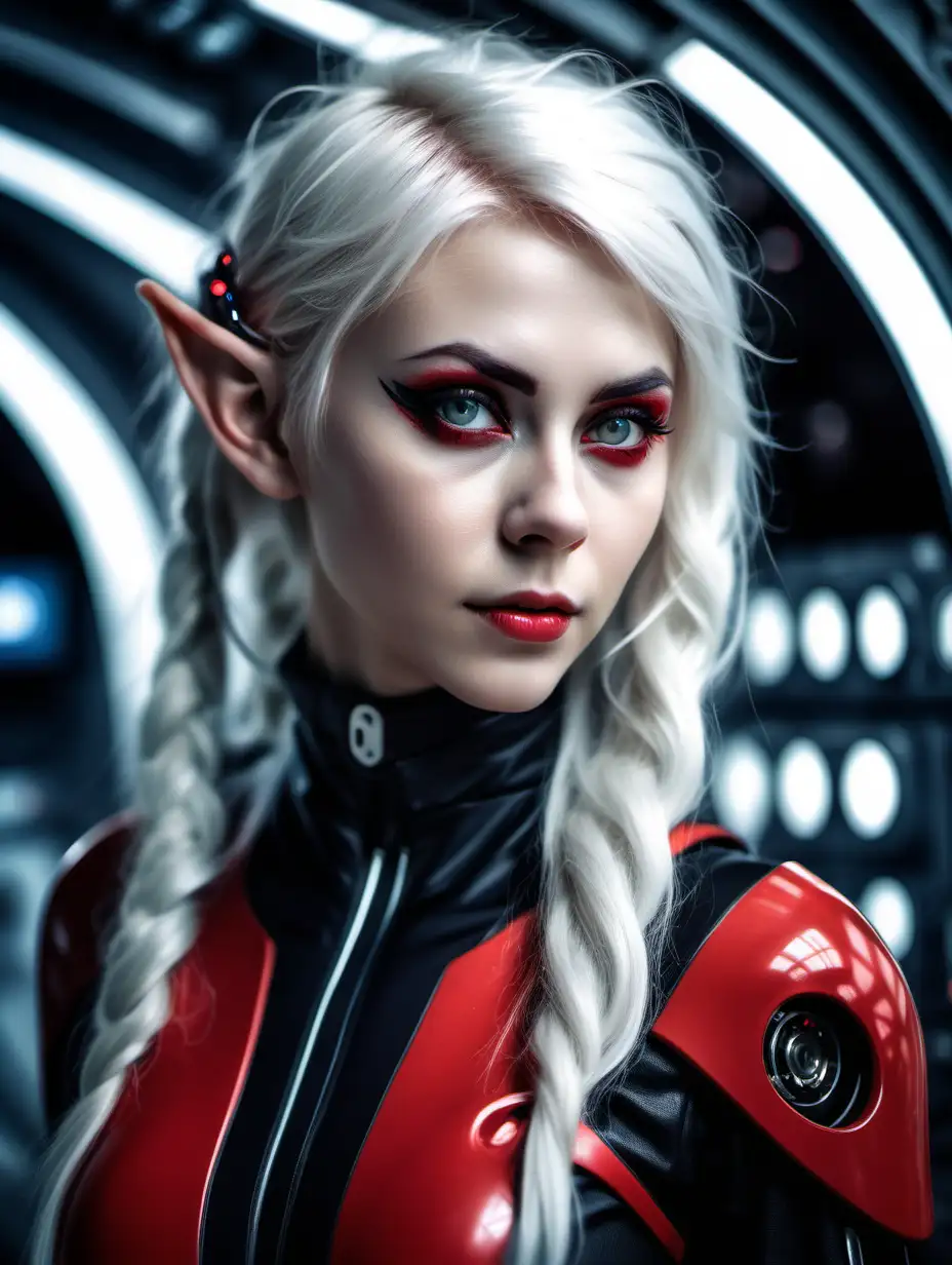 Beautiful Nordic woman, very attractive face, detailed eyes, elf ears, slim body, dark eye shadow, long messy white hair, wearing a black and red sci-fi cyber suit, close up, bokeh background, soft light on face, rim lighting, facing away from camera, looking back over her shoulder, standing inside of a high tech space station, photorealistic, very high detail, extra wide photo, full body photo, aerial photo