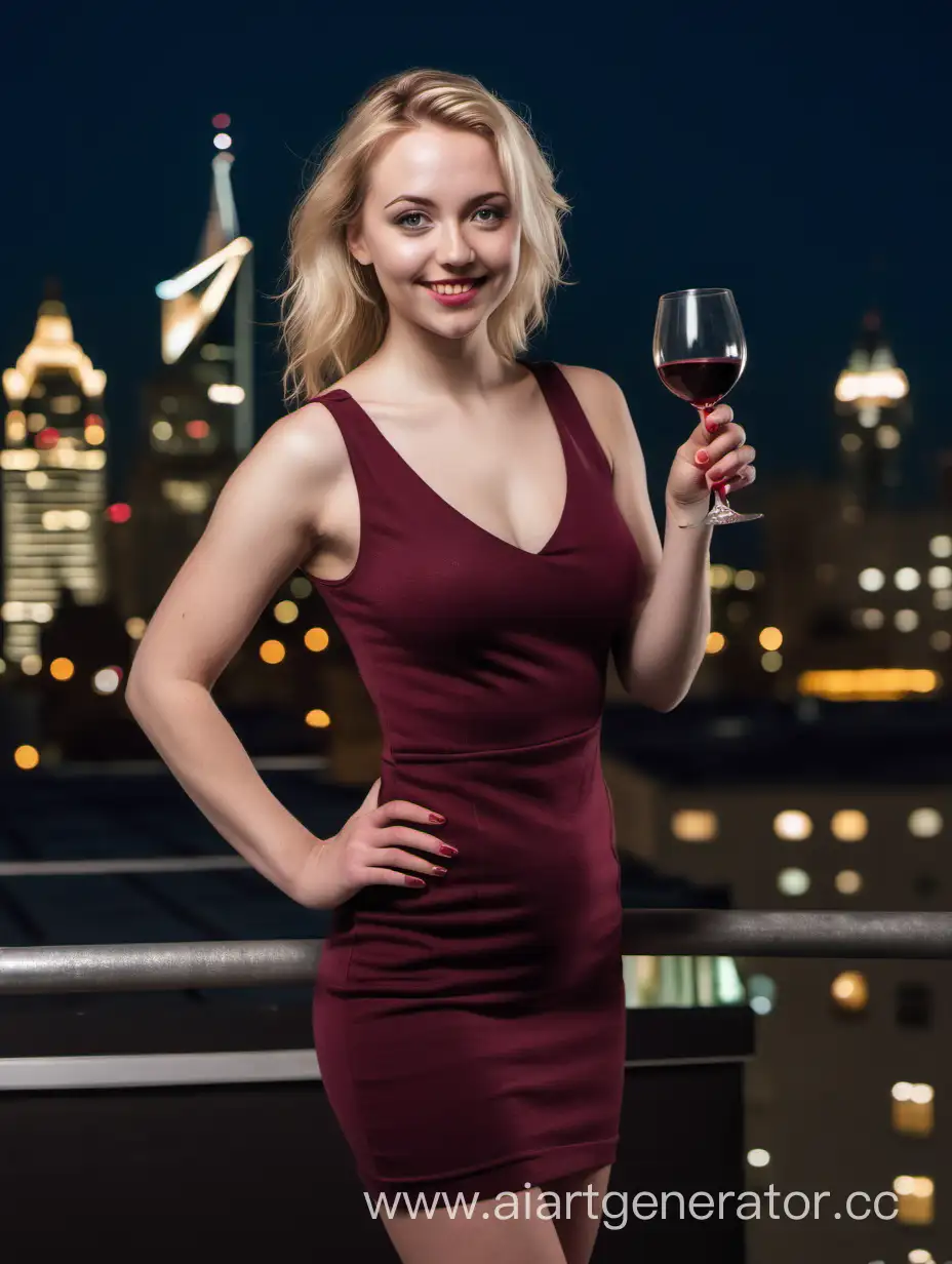 a sensual blonde scottish 25 years old woman in a  tight burgundy dress and high heels, holding two glasses of wine. she stands on a rooftop, with the skyline of a city at night in the background. She is smiling at the camera