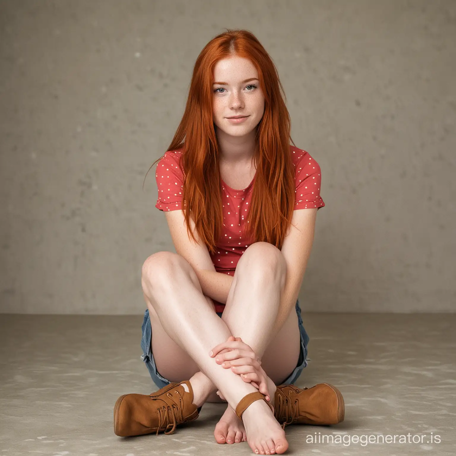 Teen redhead with freckles sitting with legs crossed