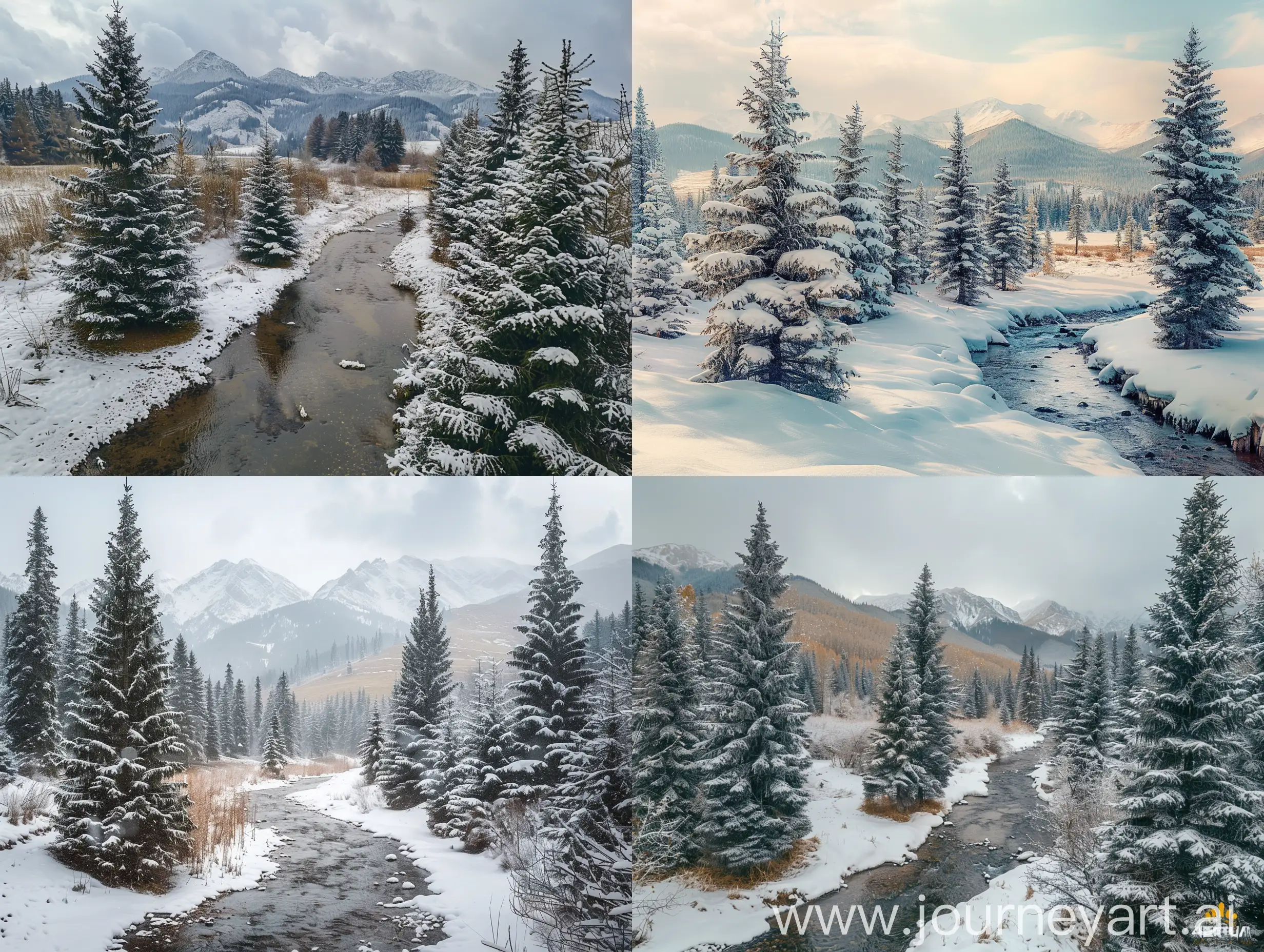 photo of a winter natural landscape. panorama. Spruce trees slightly covered with snow, a small river, mountains in the background. nice neutral colors, gray-beige-brown shades, best quality, 4k