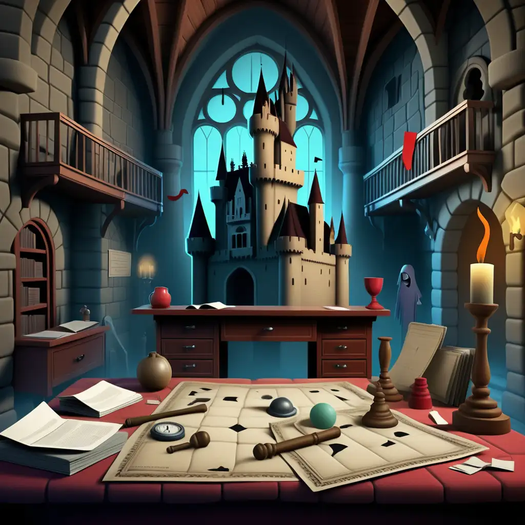 solve a murder mistery in a castle by talking to scholastic characters and learning about their respective fields through clues. Add lots of different motiffs in the image 