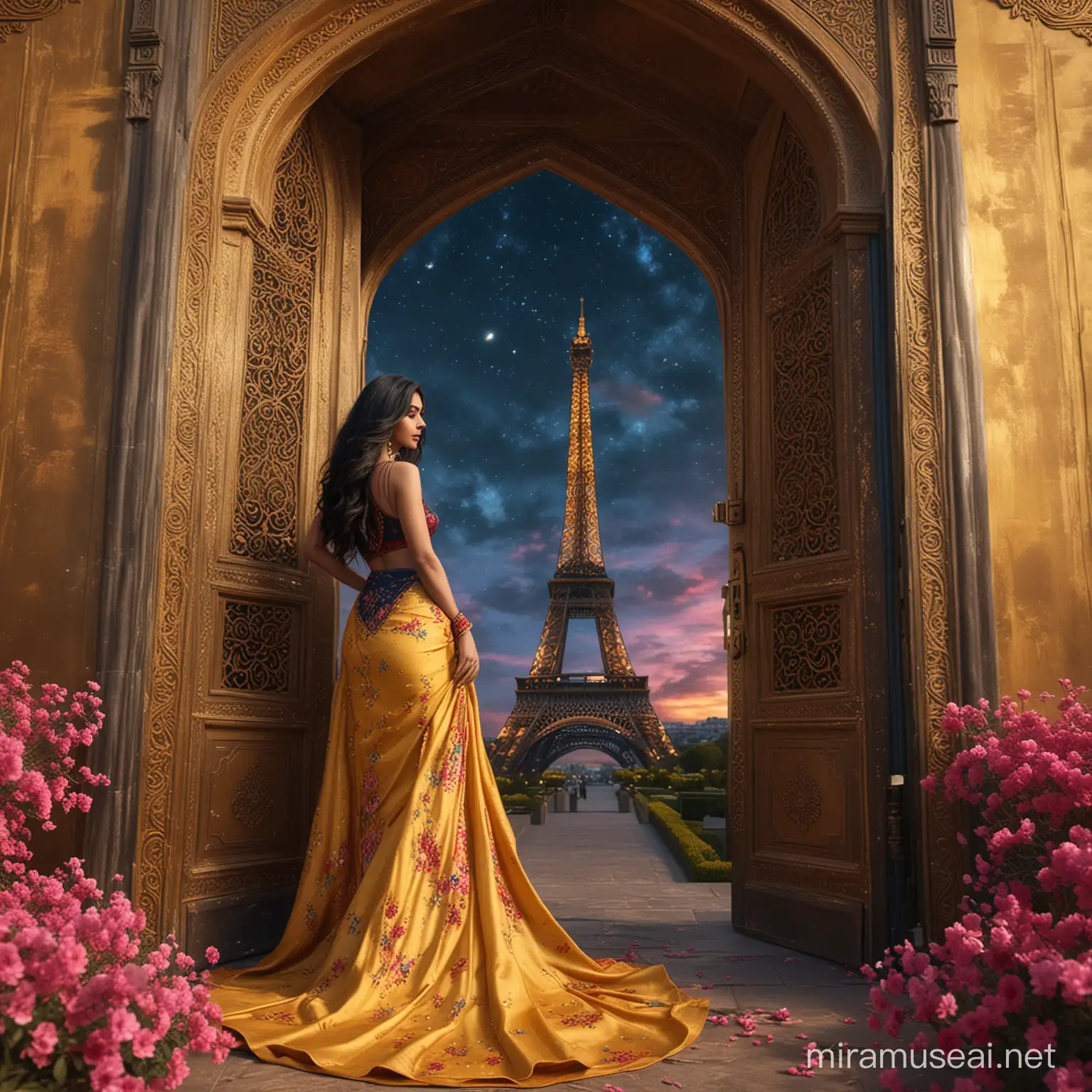 Elegant Woman Amidst Dark Yellow Flowers and a Golden Arabian Door