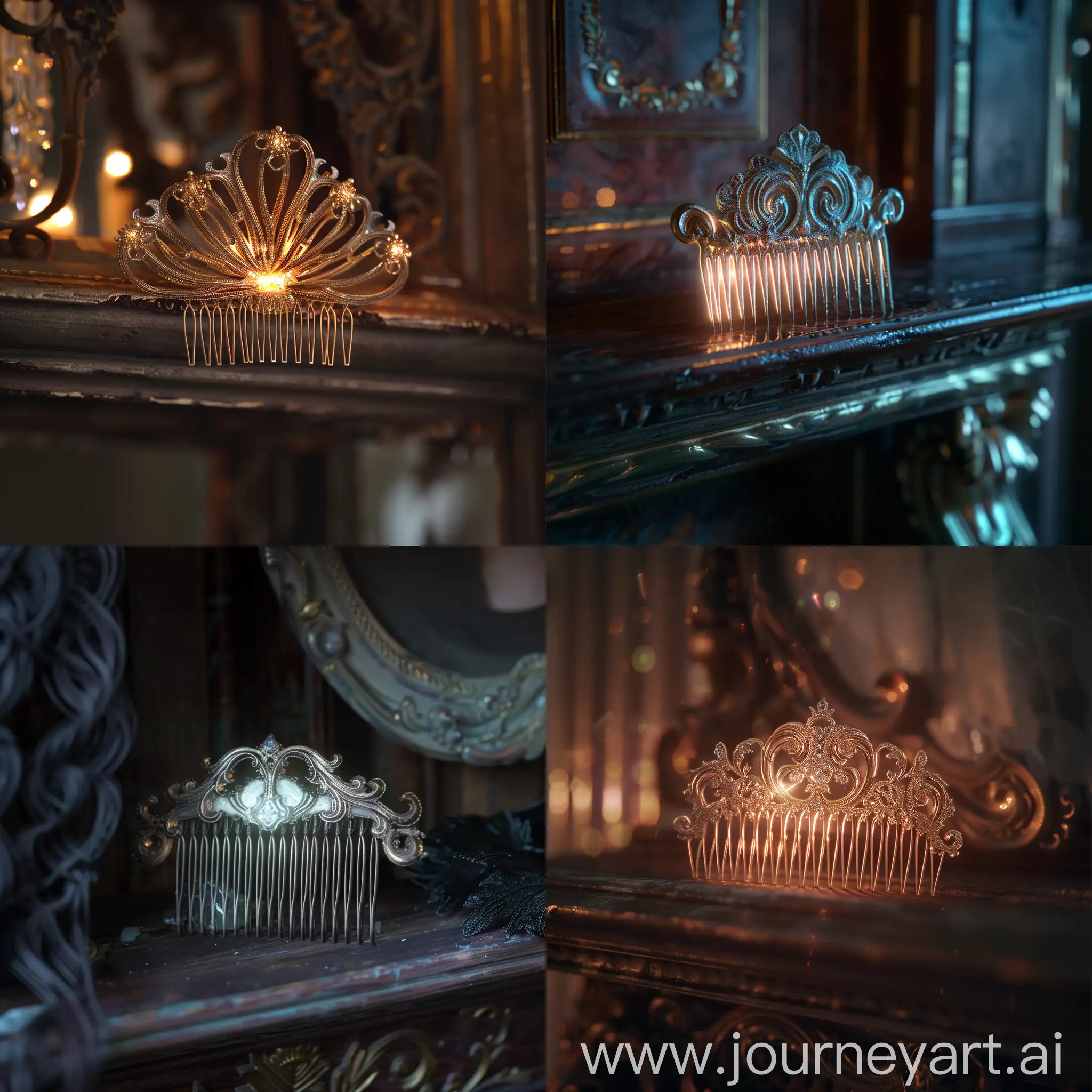 A hauntingly beautiful hair comb, glowing with an otherworldly light, placed upon an ancient shelf, its intricate design hinting at a dark and mysterious past. 8k, realistic, bokeh.