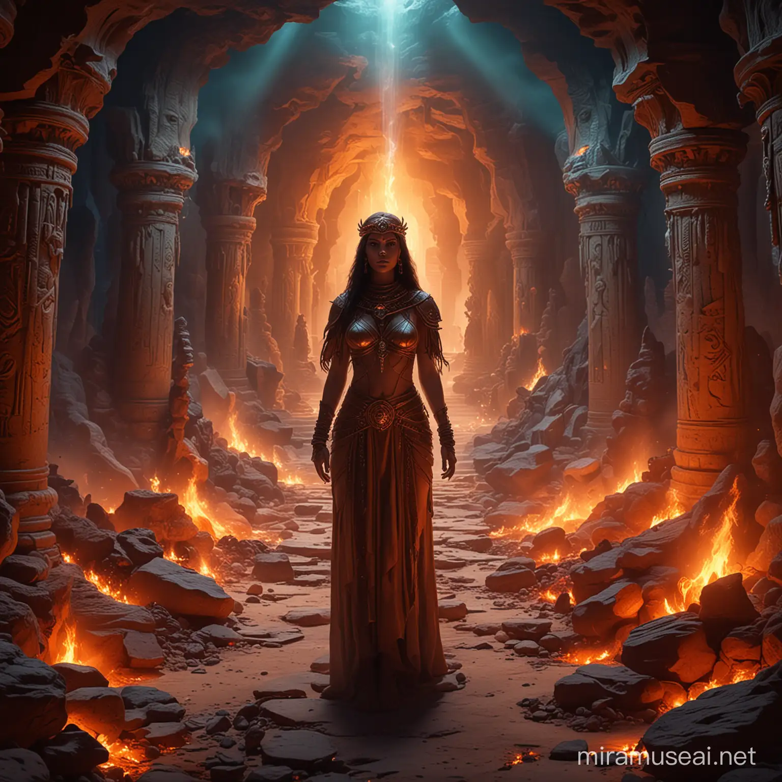prophetess in dark oasis cavern temple, surrounded by evil spirits, colorful, hell fire, mystical magical realms 