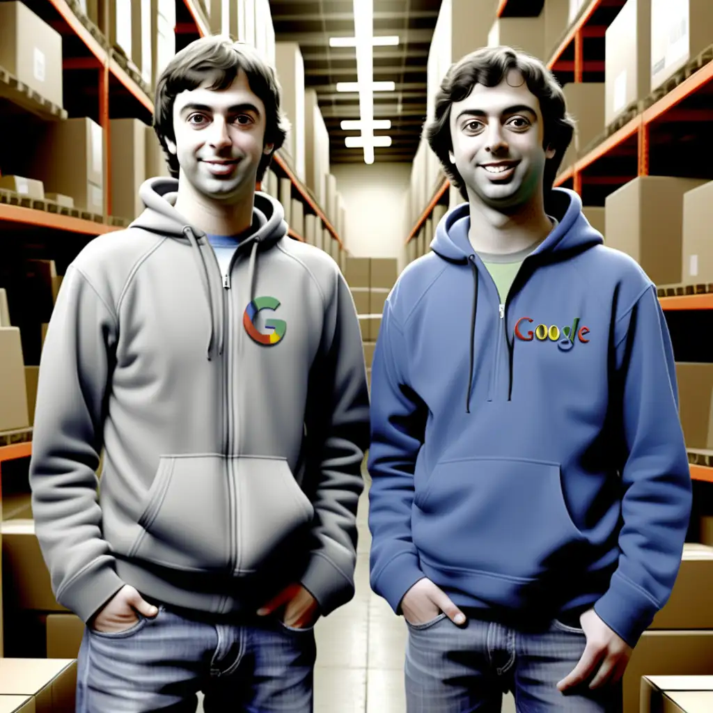 2 young people named Larry Page and Sergey Brin, the inventors of Google, were in their warehouse facing the computer, realistic