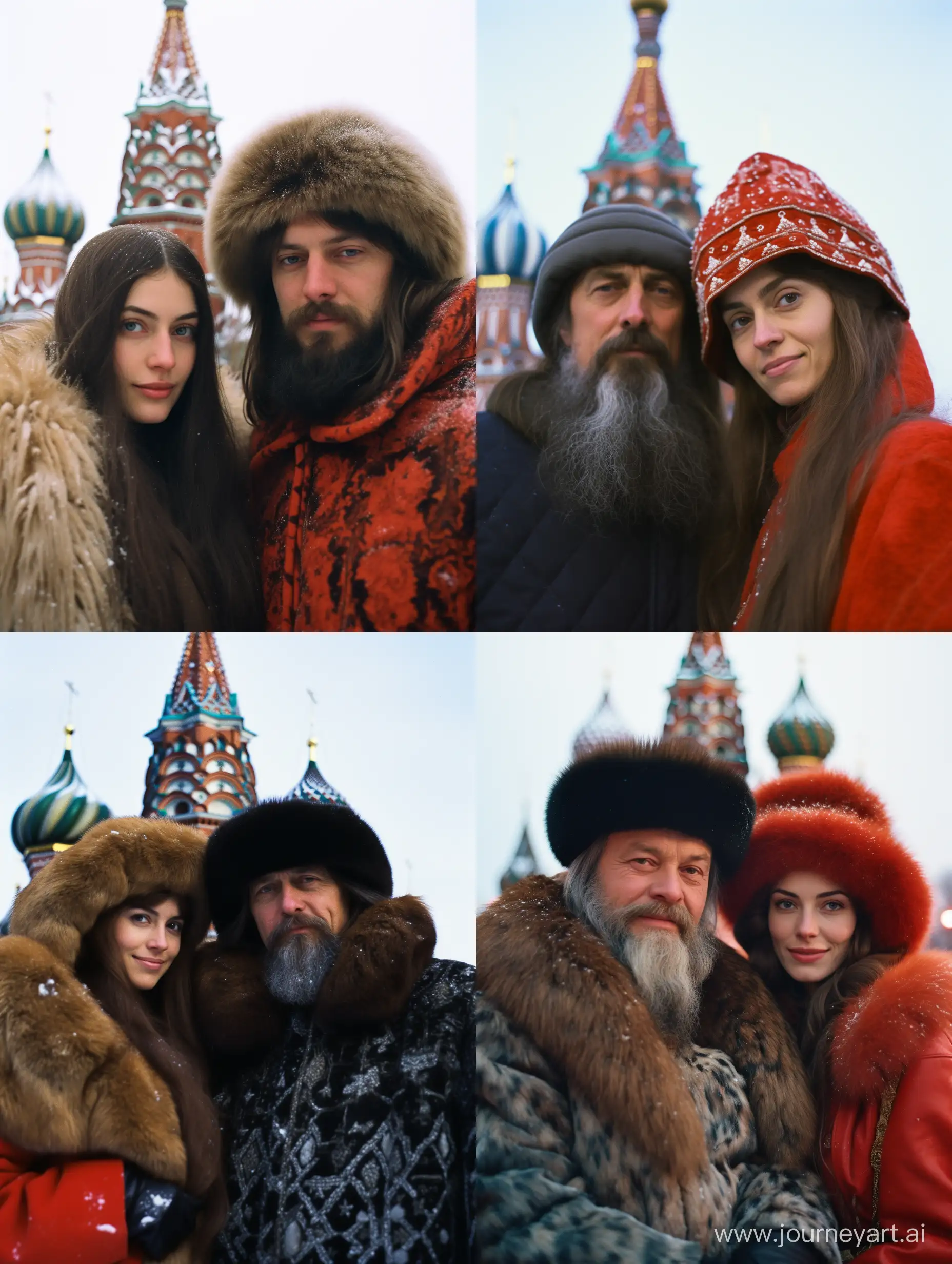  By Vasnetsov, photo 35mm iso 200 scratches and dust chromatic aberration slow shutter speed drippy candid a ((a old man and young woman with dark long straight hair up to her chest in a Soviet-era fur hat and mink fur coat on Red Square in Moscow in a snowy winter, it's snowing, the Kremlin, Volga car))