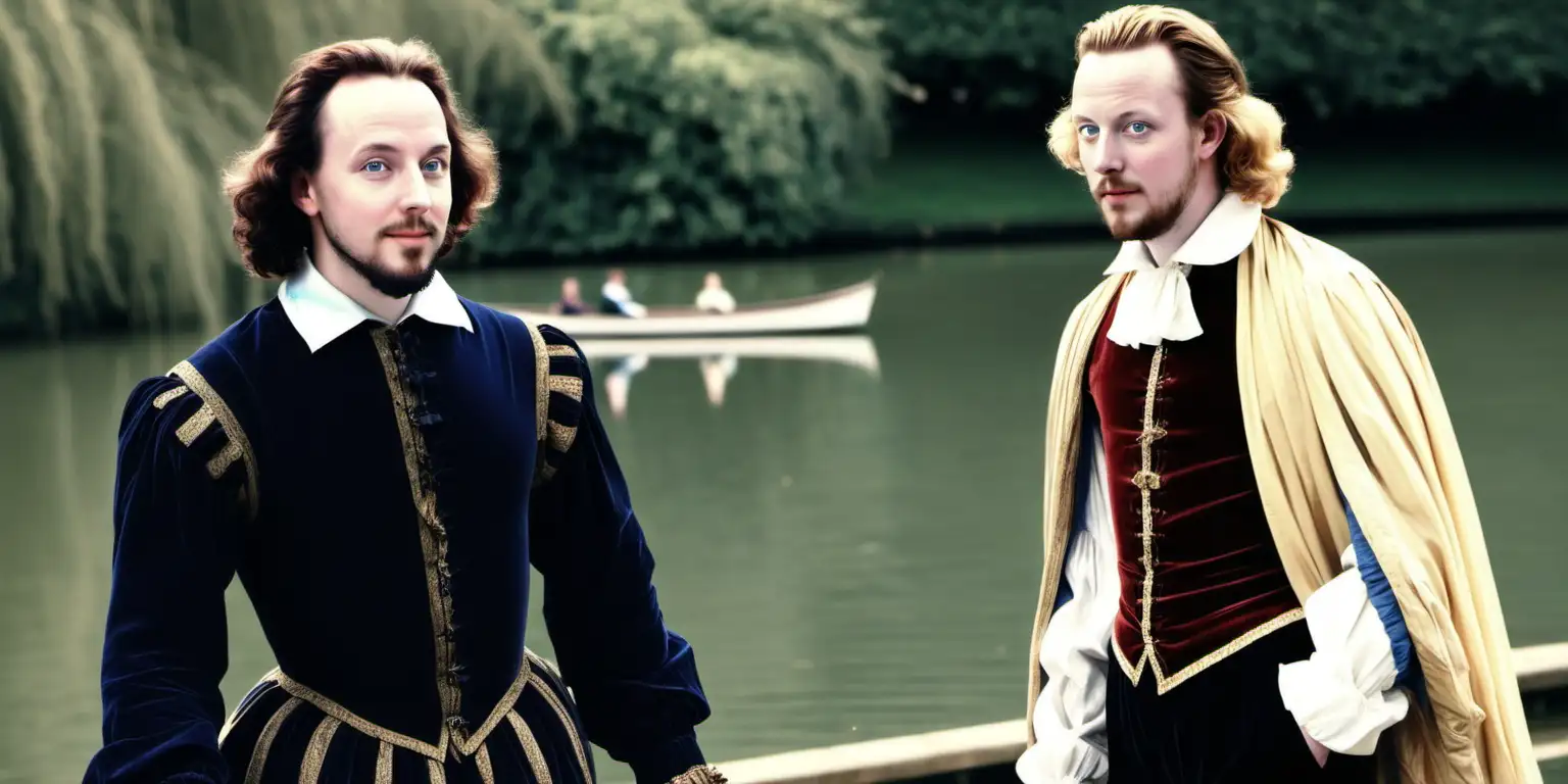 A colour photo of a 26 year old William Shakespeare walking alongside a very attractive, blonde, blue-eyed Henry Wriothesley past a boating lake in a park in 1595.