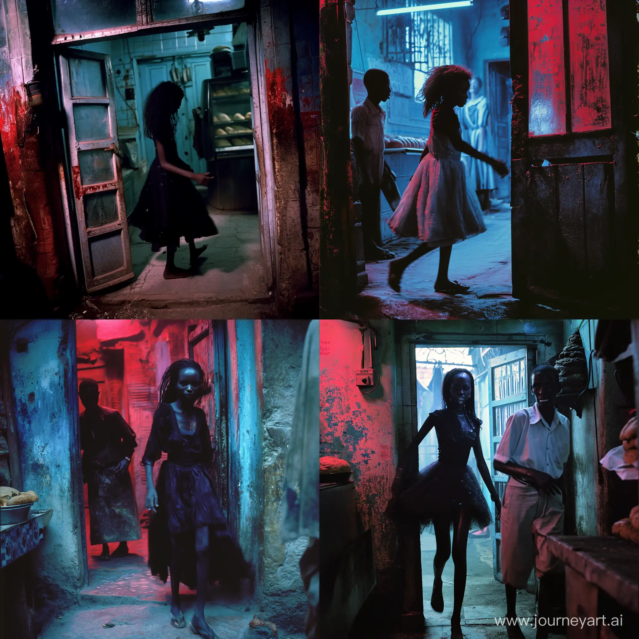 A shot taken in 1998 that shows a gothic ethiopian girl going to the bakery to buy some bread for her hungry mom, she's walking through the door in slow-motion very confident of herself and the baker is looking at her with acute fear. The quality of the scene is cleary grainy and it has intense tones of red and blue. The angle of the camera is a bit lower.
