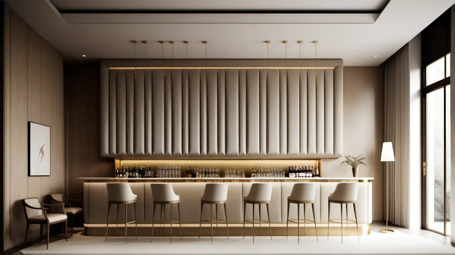 grand Minimalist bar; double height ceilings; beige, oak, brass colur palette; upholstered headboard on wall

