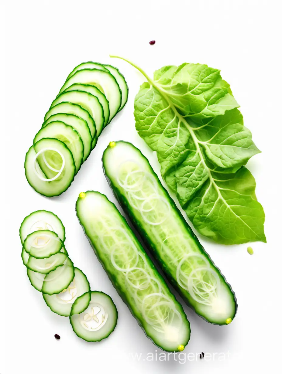  Cucumber with slices and green salad leaves on white background