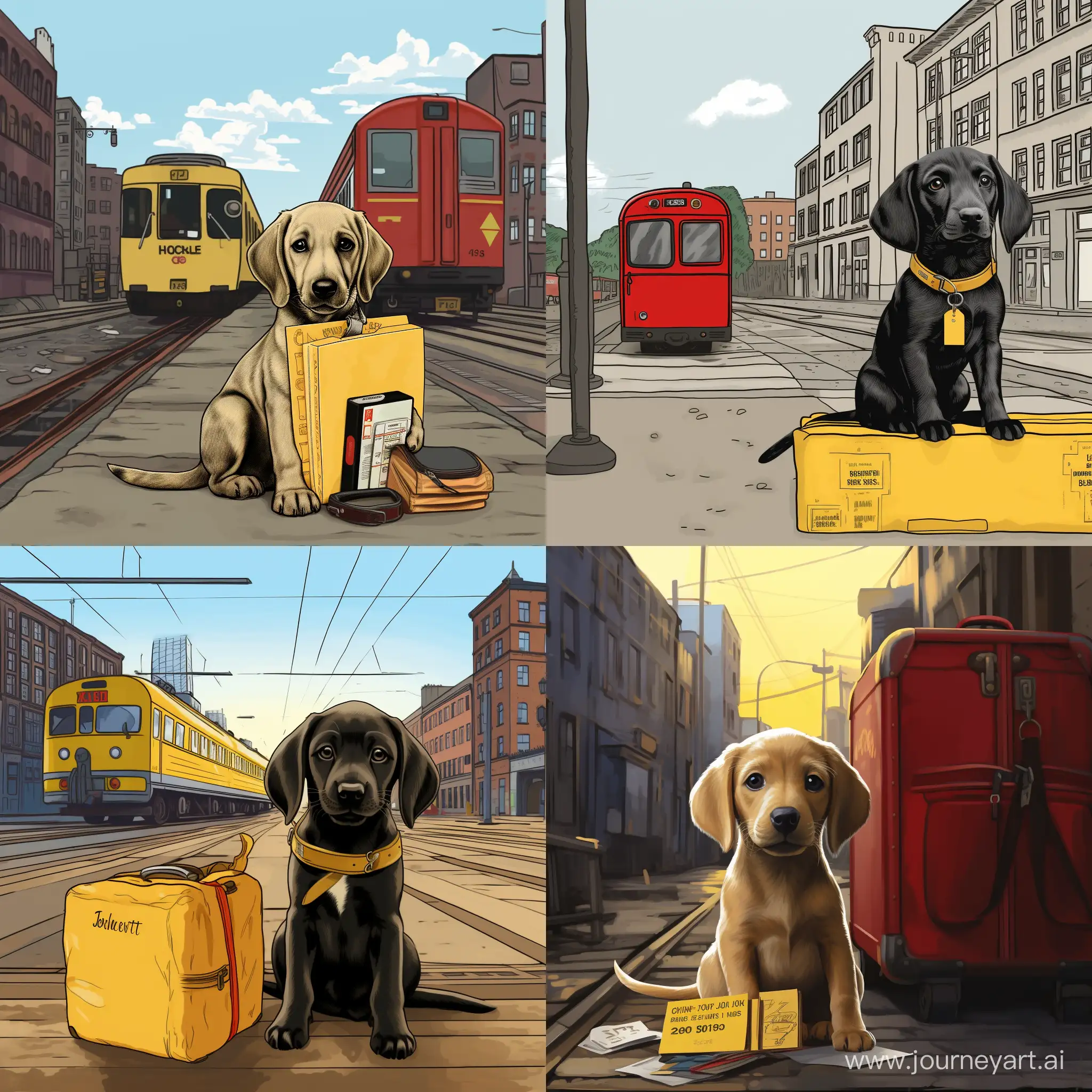 Labrador-Puppy-with-Train-Ticket-in-Cityscape