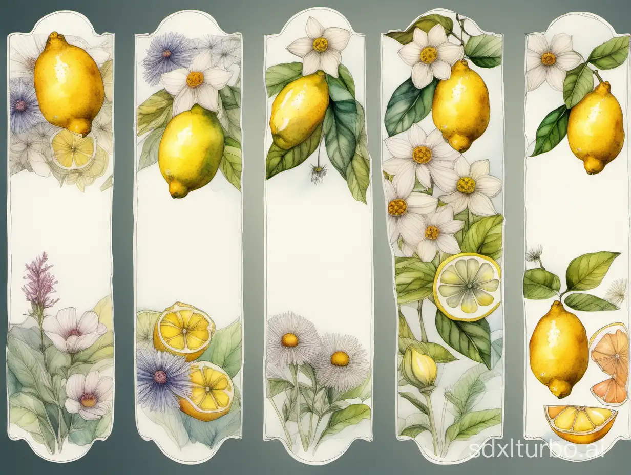 some white labels with blank centers, at the edges colourful lemons and wildflowers,  highly detailed delicate drawing and watercolor
