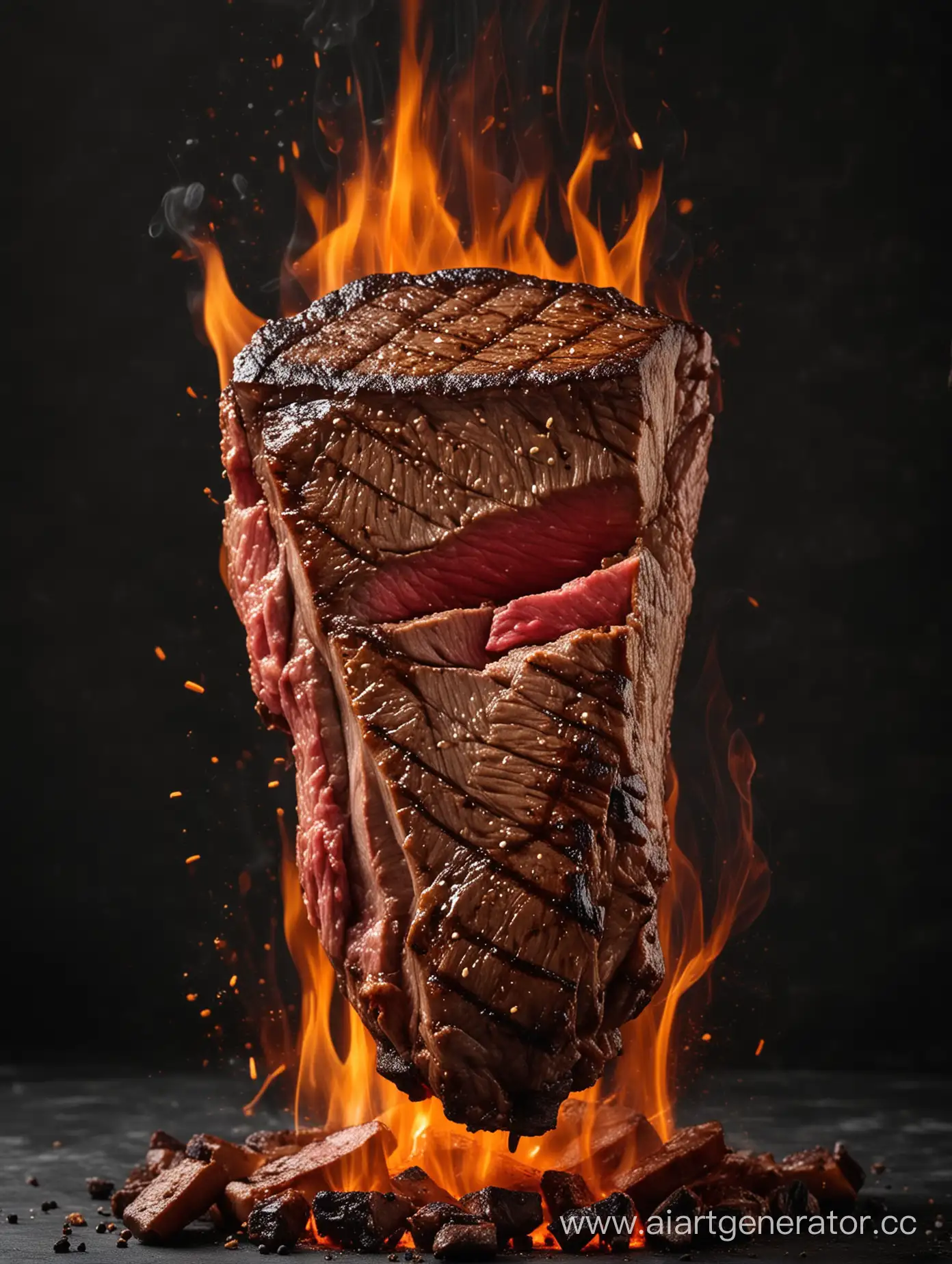 steak on fire on a dark background
