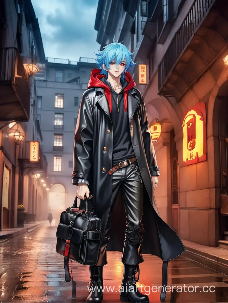 anime guy with blue hair red eyes in black trousers in heavy boots in a leather raincoat with a mail bag in the style of Hezbeen hotel against the background of hell in full growth