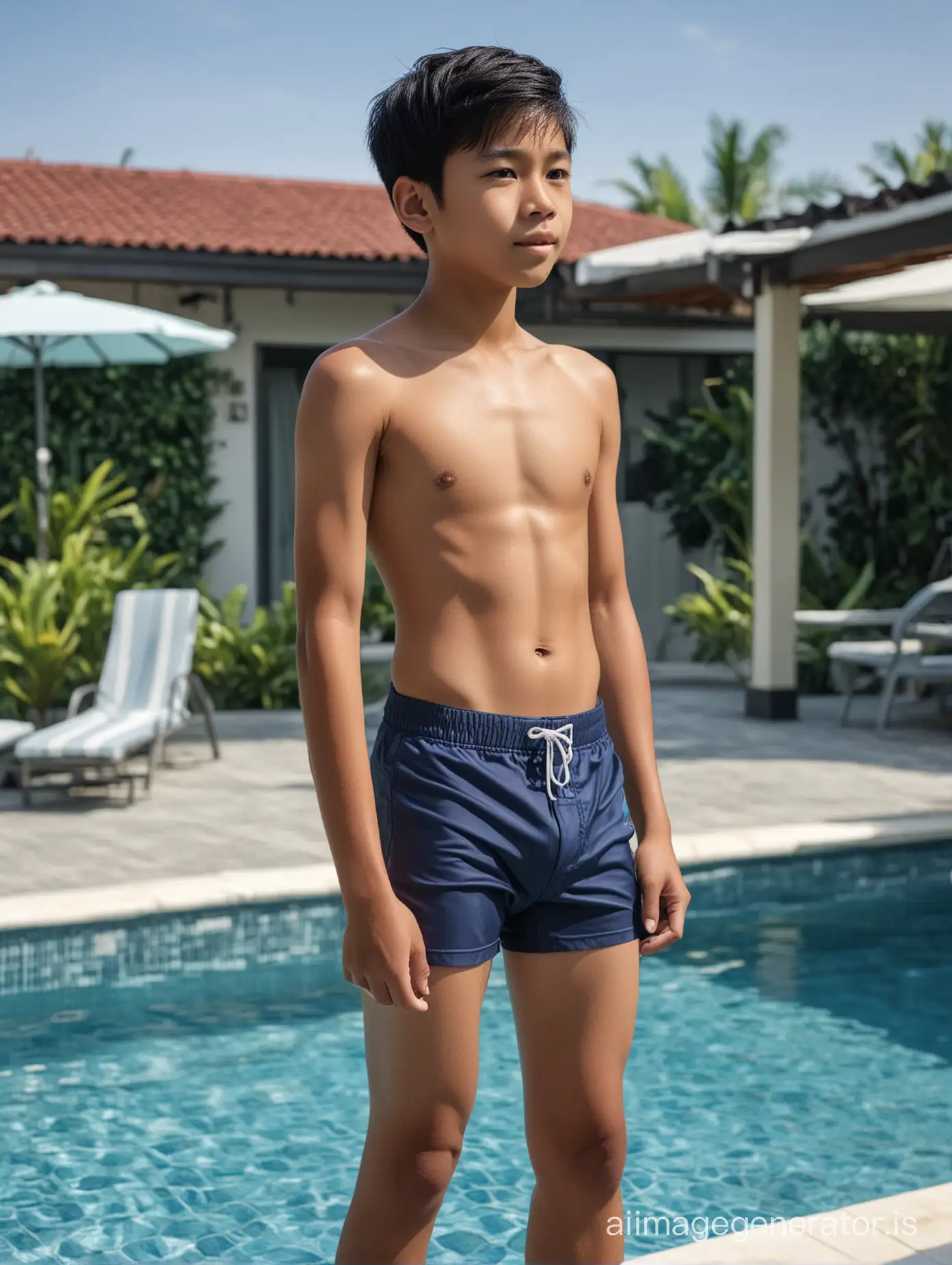 A young handsome indonesian boy, aged 12 years old, black short hair, wearing boxer brief colour blue. Standing near swimming pool for photo shoot. Super realistic. UHD. 8K. His body is well build, got six pack and nice muscle. Indoor swimming pool.