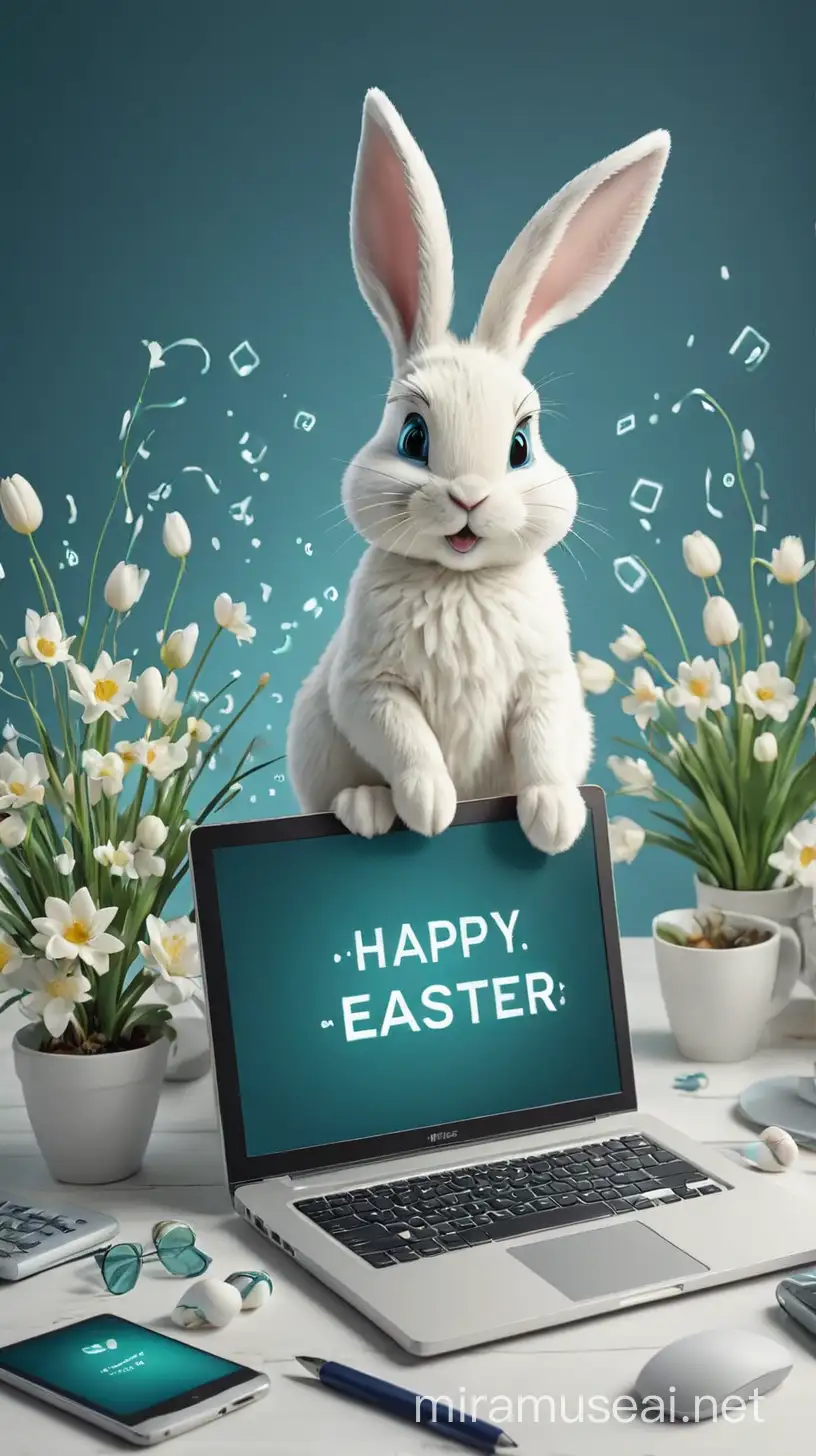 Happy Easter poster in shades of white, dark blue and teal green with text 'Happy Easter' and images of laptops and coding in white background