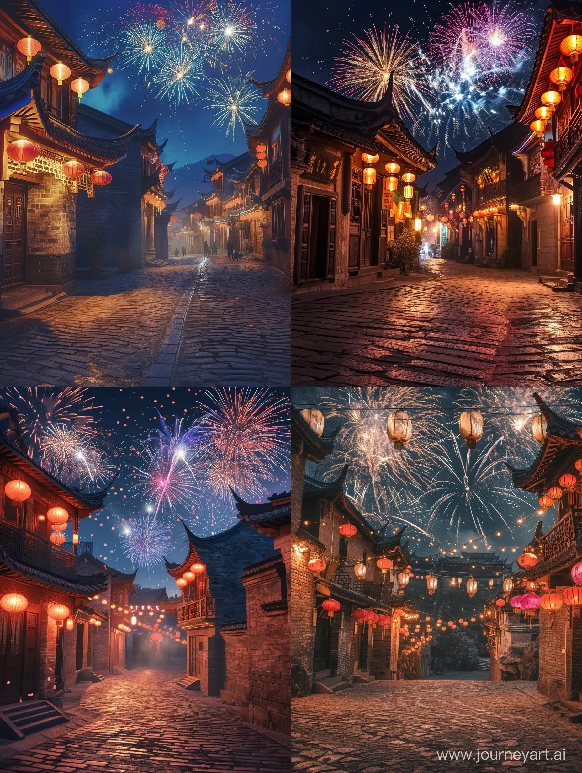 Chinese New Year atmosphere, cobblestone streets, ancient buildings adorned with lanterns, fireworks lighting up the night sky.