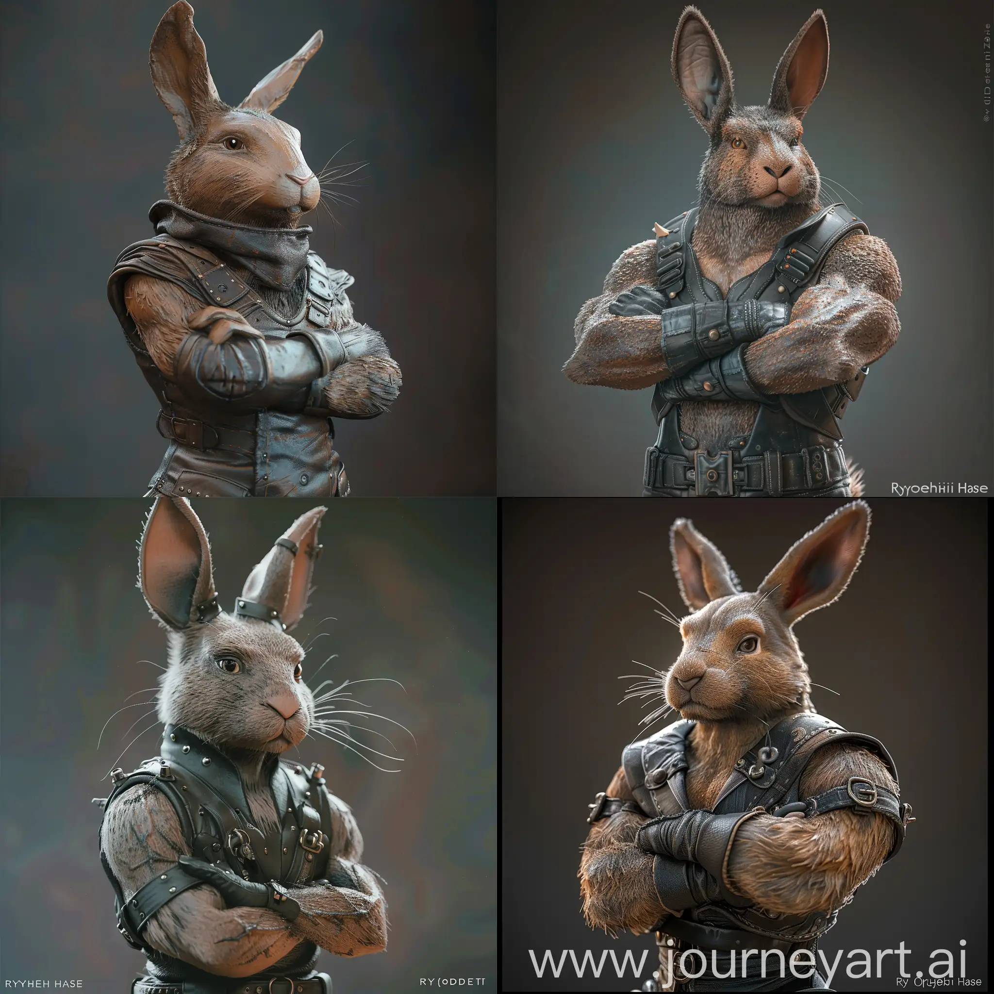 a rabbit dressed in a leather outfit with his arms crossed, a character portrait by Ryohei Hase, trending on zbrush central, furry art, behance hd, daz3d, hyper realism