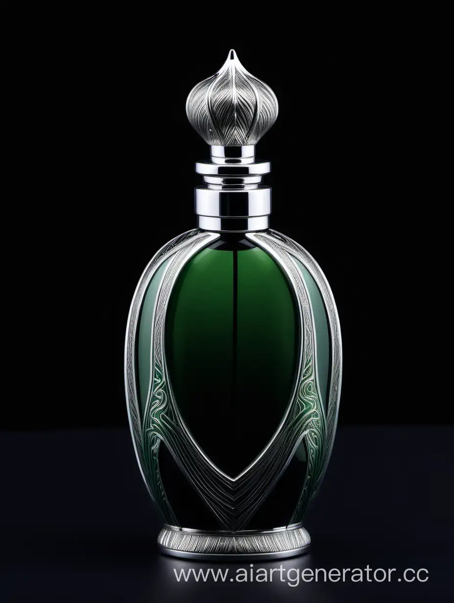 Zamac Perfume decorative ornamental  black, royal dark green  heavy bottle double in height  with stylish Silver lines cap and bottle black background