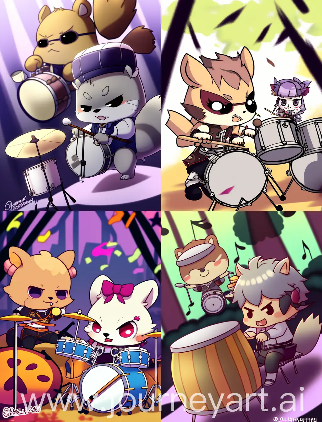 chibi squirrel and anime guy playing drums, with spooky background, 